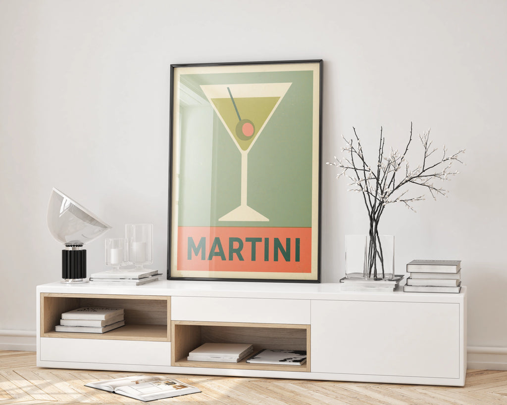 Retro Martini Print, Cocktail Poster, Mid Century Bar Cart Wall Art, Green Olive - Classic Drinks Print