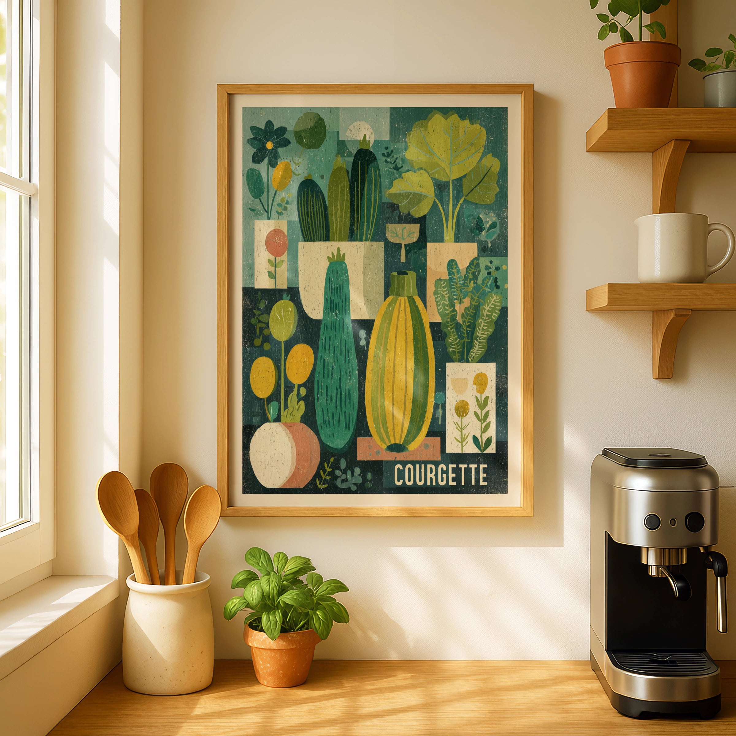 Courgette Vintage Food Poster Print | Rustic Kitchen Decor | Retro Mid Century Risograph Art - Kitchen Garden Print