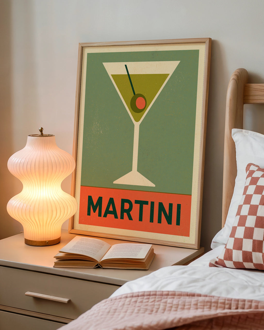 Retro Martini Print, Cocktail Poster, Mid Century Bar Cart Wall Art, Green Olive - Classic Drinks Print