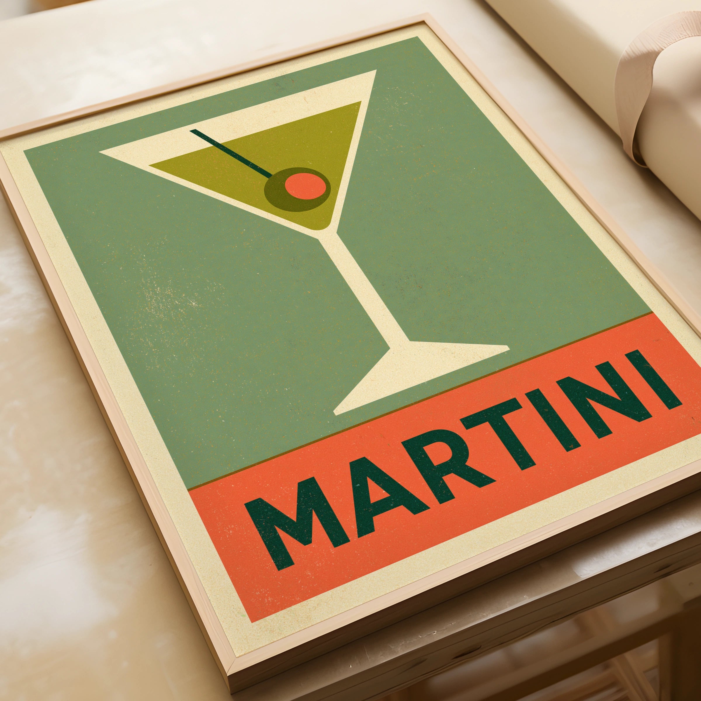 Retro Martini Print, Cocktail Poster, Mid Century Bar Cart Wall Art, Green Olive - Classic Drinks Print