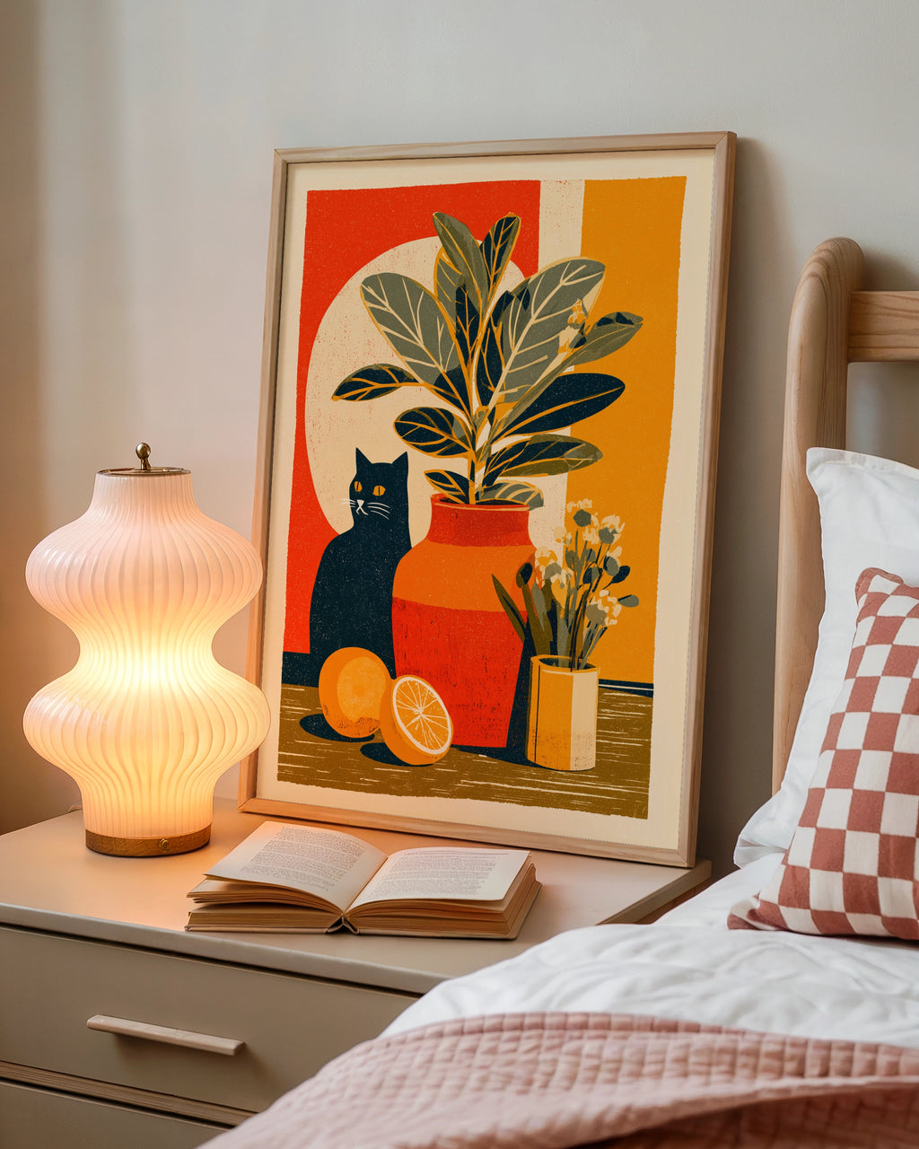 Black Cat Retro Still Life Poster, Rubber Plant Print, Vintage Style Wall Art