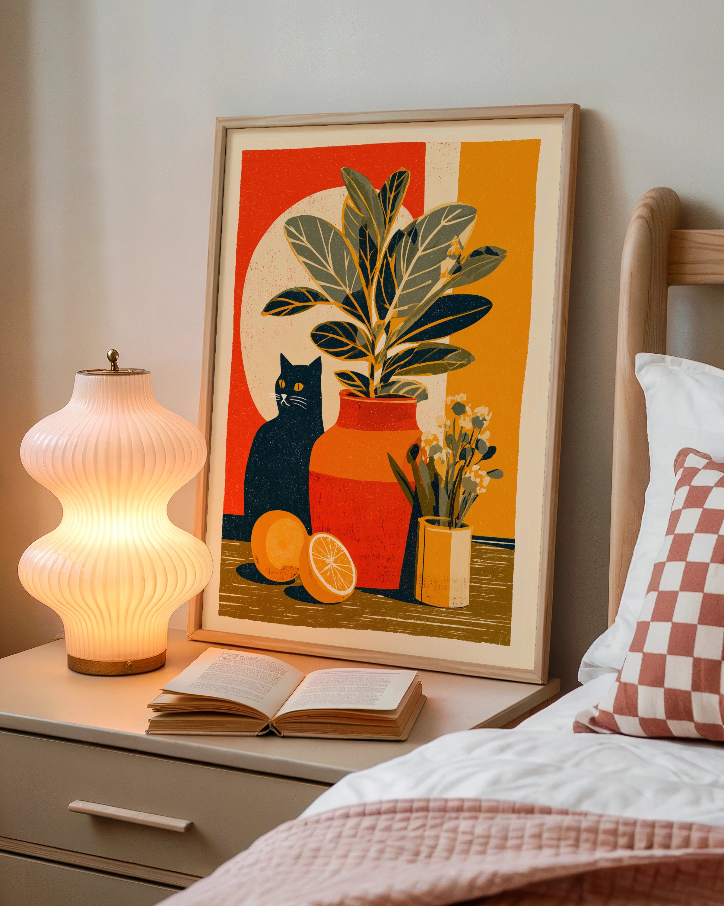 Black Cat Retro Still Life Poster, Rubber Plant Print, Vintage Style Wall Art