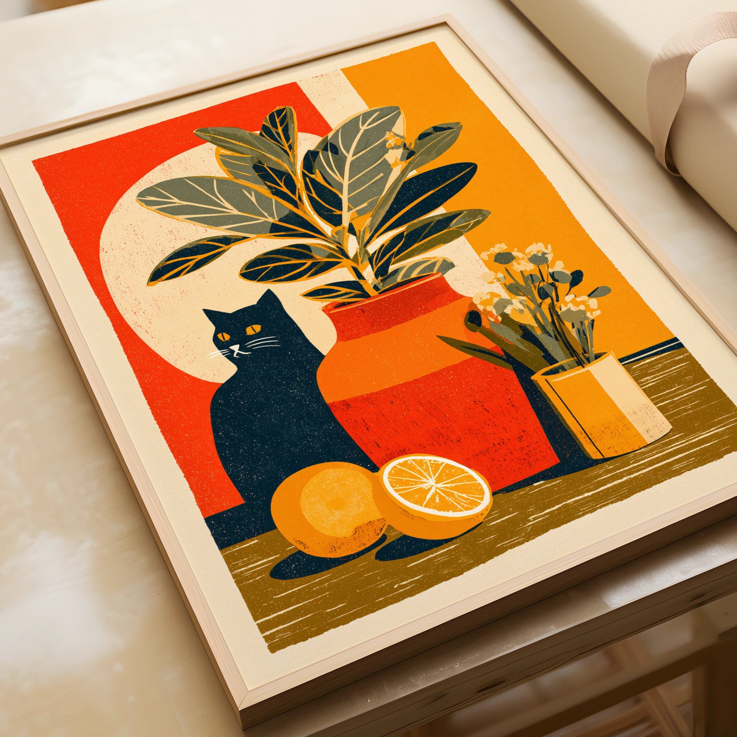 Black Cat Retro Still Life Poster, Rubber Plant Print, Vintage Style Wall Art