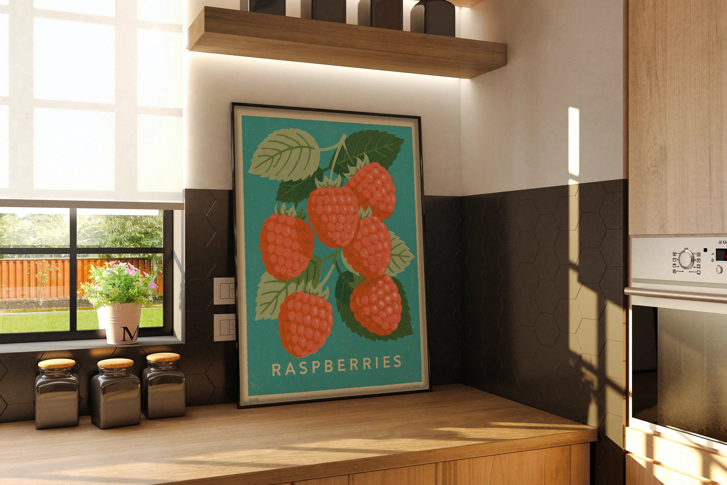 Raspberry Vintage Food Poster Print | Rustic Kitchen Decor | Retro Mid Century Risograph Art