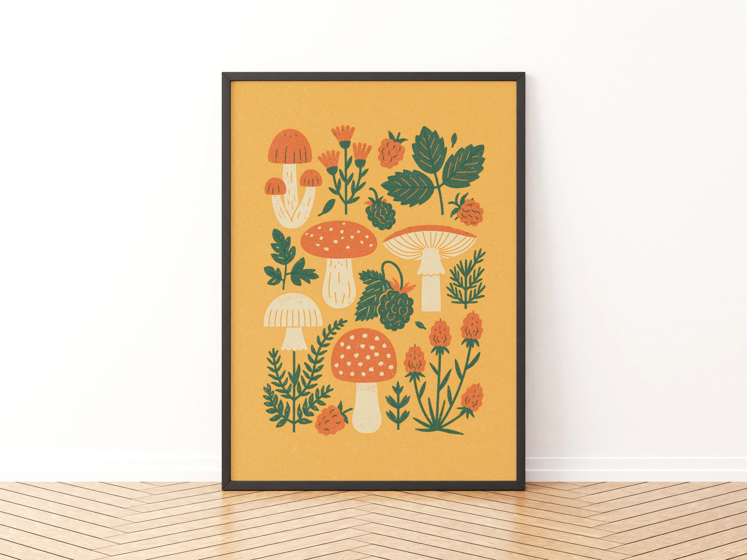 Vintage Food Poster Print, Mushroom & Berry Wall Art, Rustic Kitchen Decor, Retro Mid Century