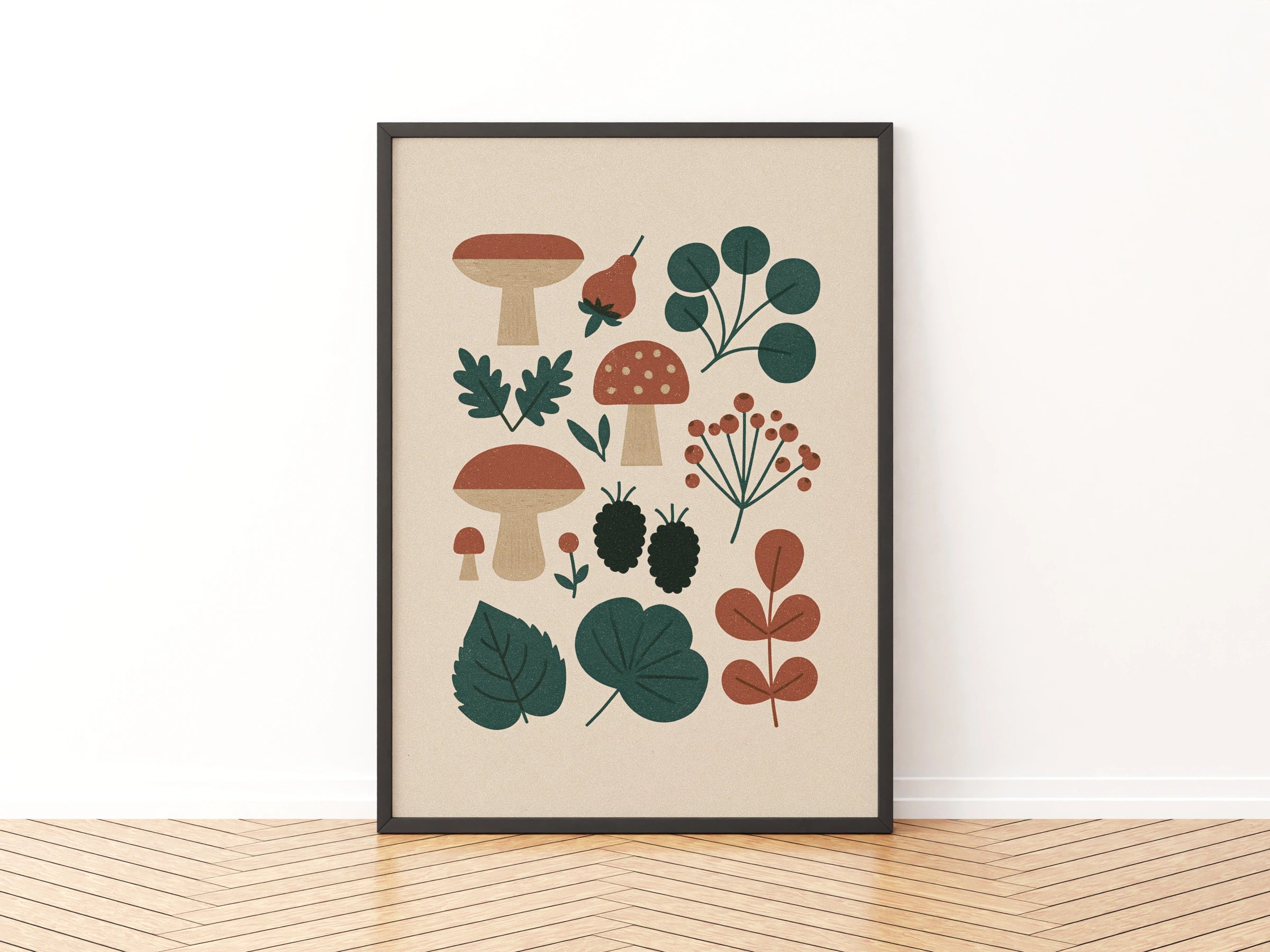Vintage Food Poster Print | Rustic Kitchen Decor | Retro Mid Century Risograph Art Print - Fungi Mushroom Collection Wall Decor