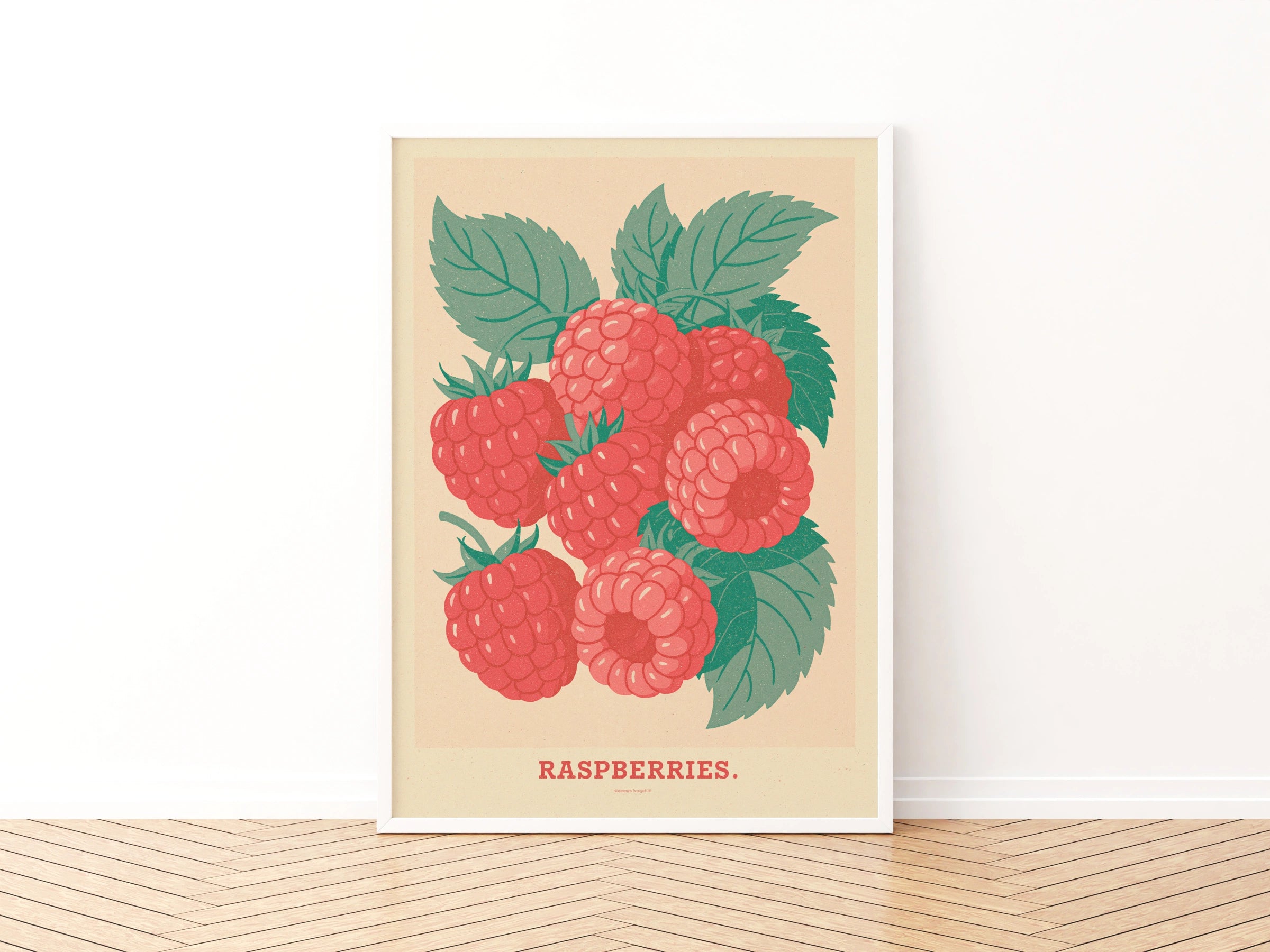 Vintage Food Poster Print | Rustic Fruit Kitchen Decor | Retro Mid Century Risograph Raspberries Art