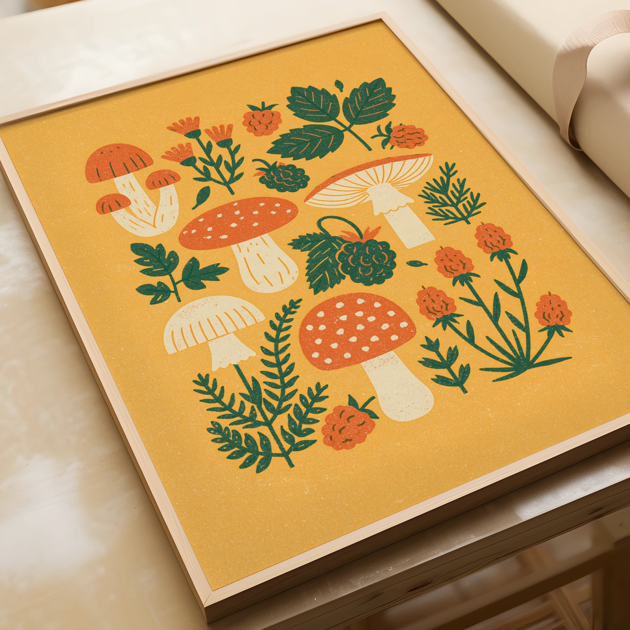 Vintage Food Poster Print, Mushroom & Berry Wall Art, Rustic Kitchen Decor, Retro Mid Century
