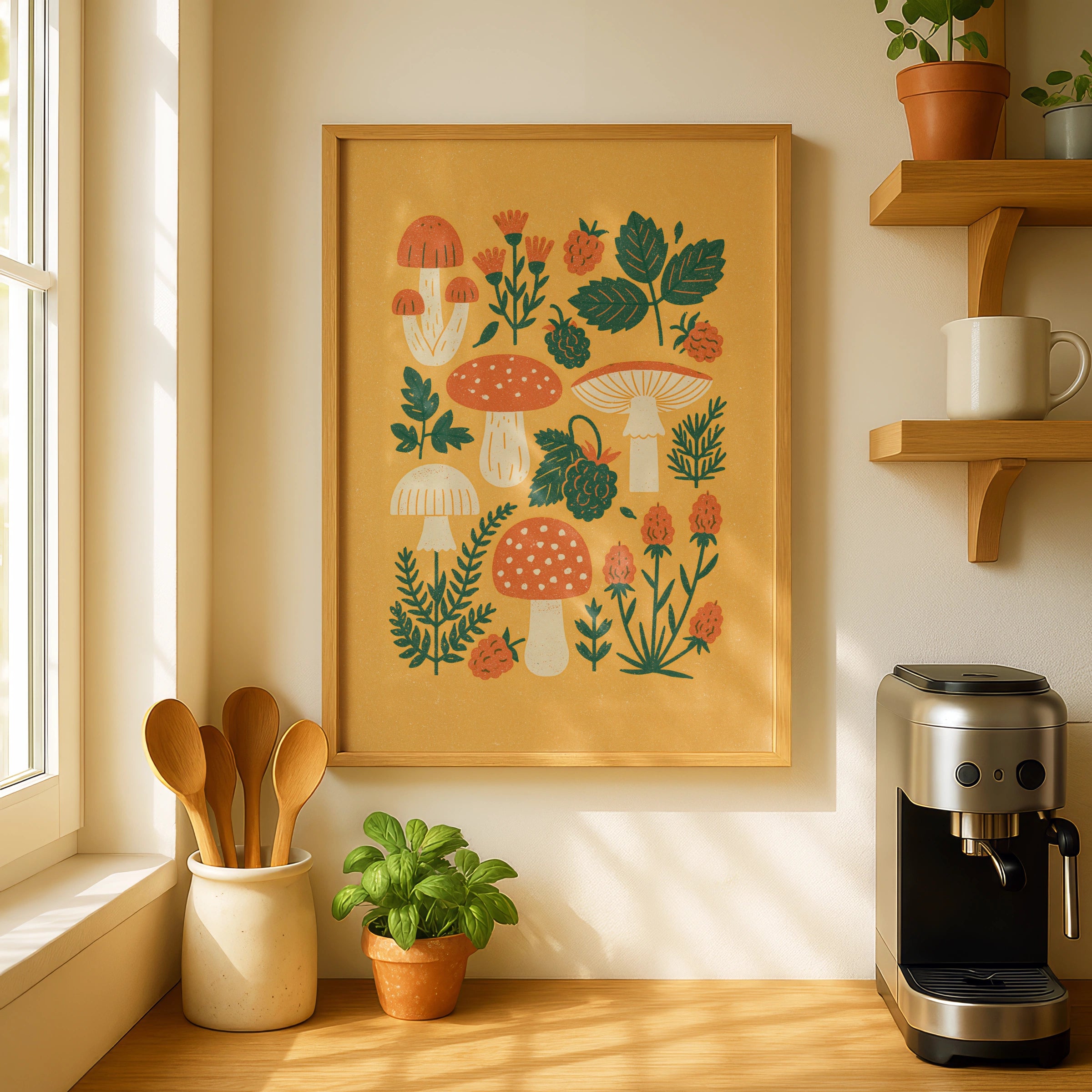 Vintage Food Poster Print, Mushroom & Berry Wall Art, Rustic Kitchen Decor, Retro Mid Century