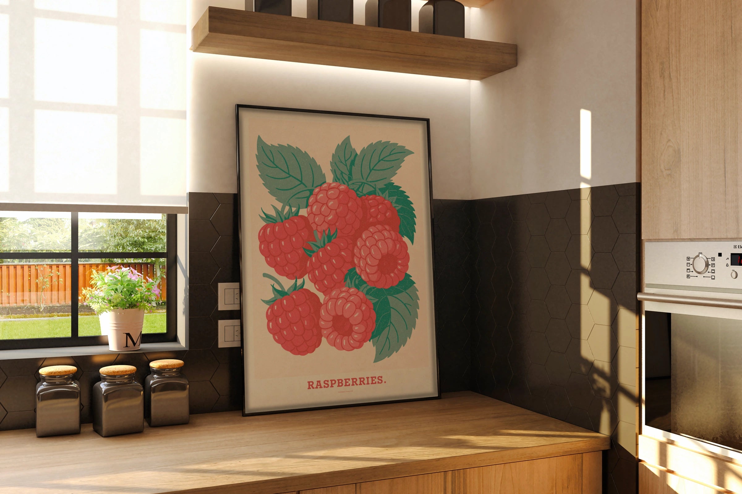 Vintage Food Poster Print | Rustic Fruit Kitchen Decor | Retro Mid Century Risograph Raspberries Art