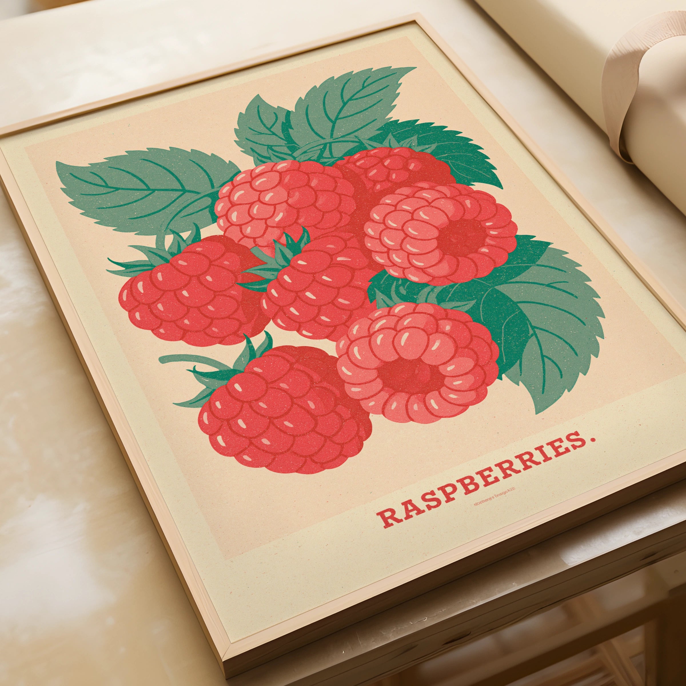 Vintage Food Poster Print | Rustic Fruit Kitchen Decor | Retro Mid Century Risograph Raspberries Art