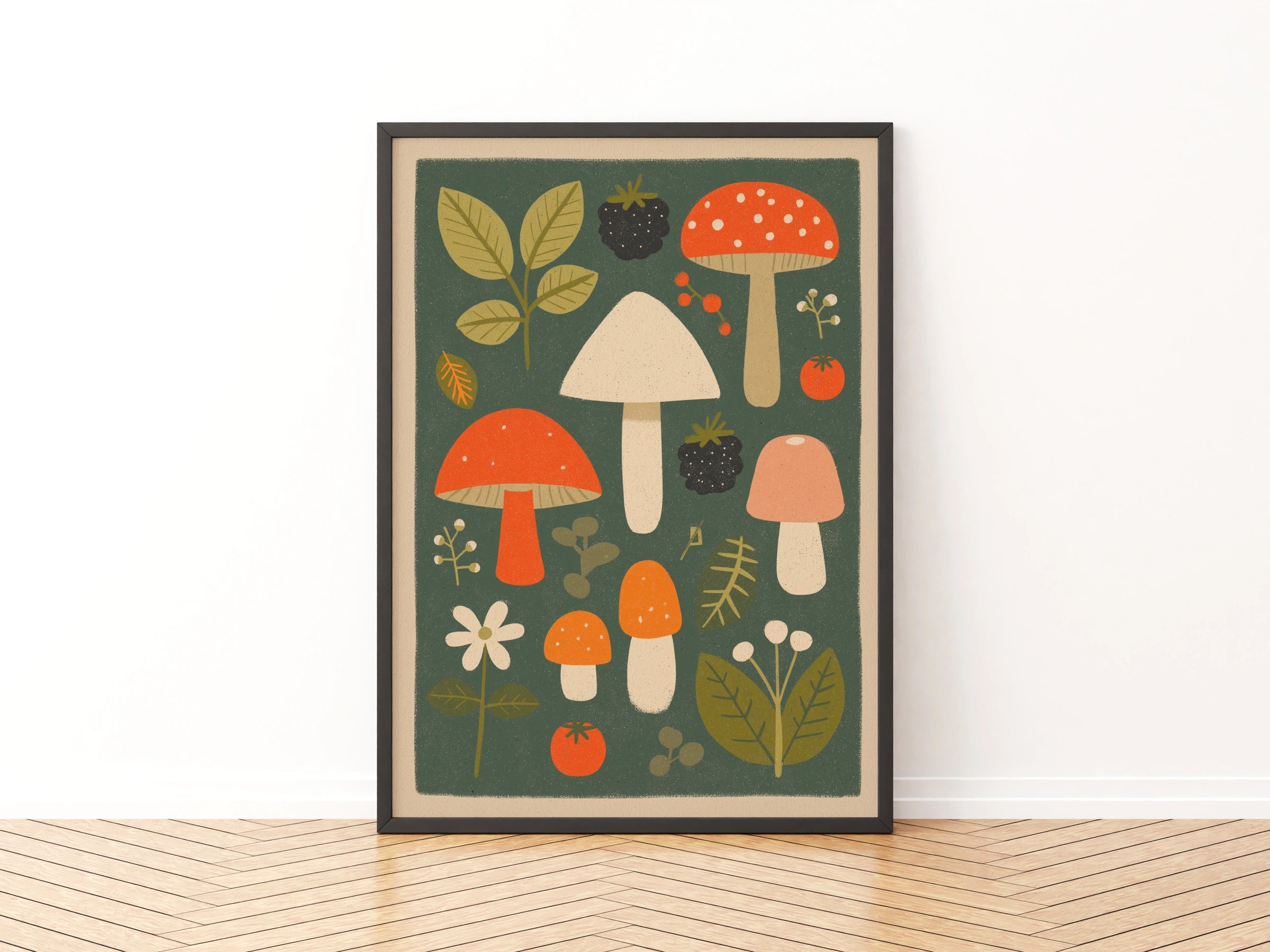 Retro Mushroom Print - Vintage Food Poster Print | Rustic Kitchen Decor | Retro Mid Century Risograph Mushroom Art