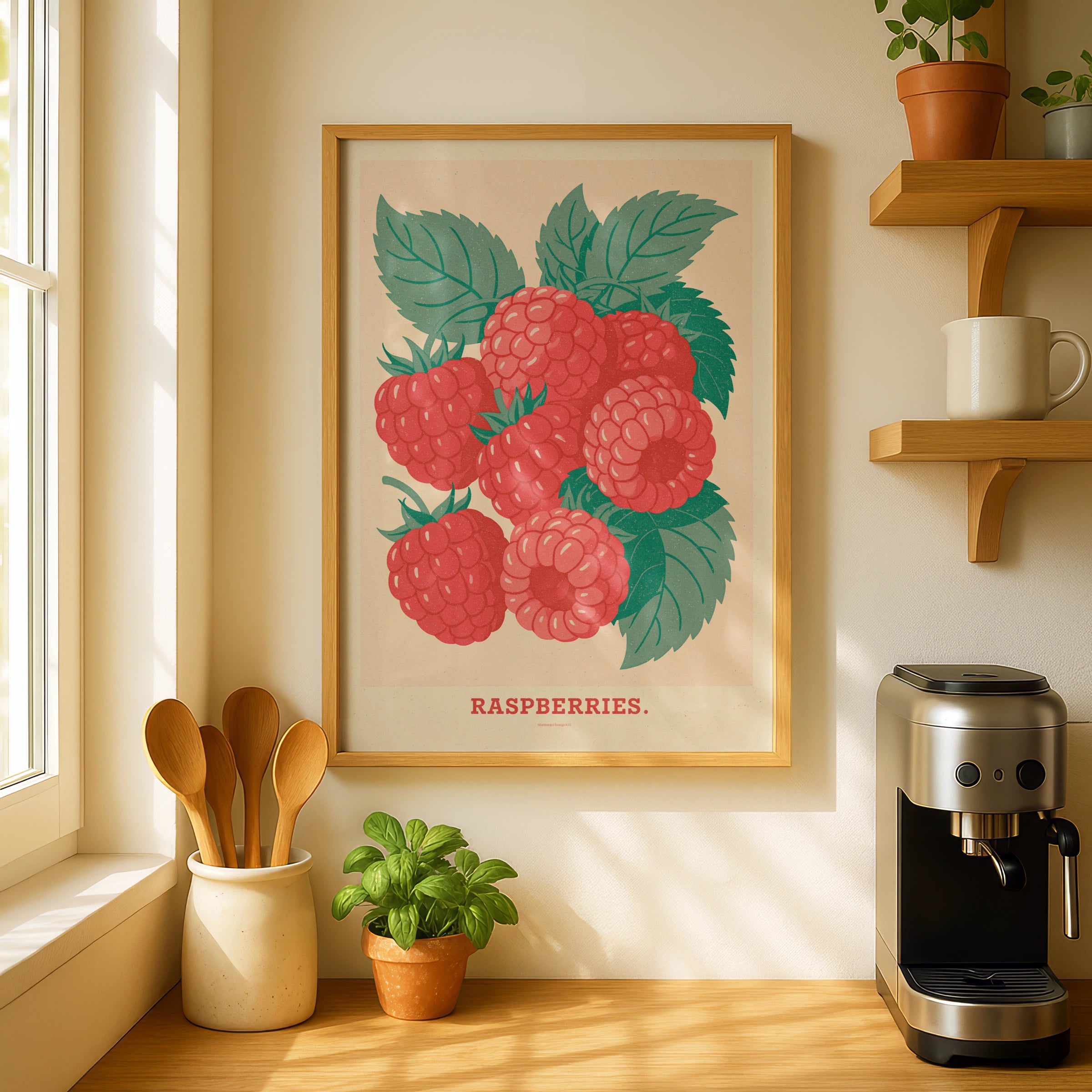 Vintage Food Poster Print | Rustic Fruit Kitchen Decor | Retro Mid Century Risograph Raspberries Art