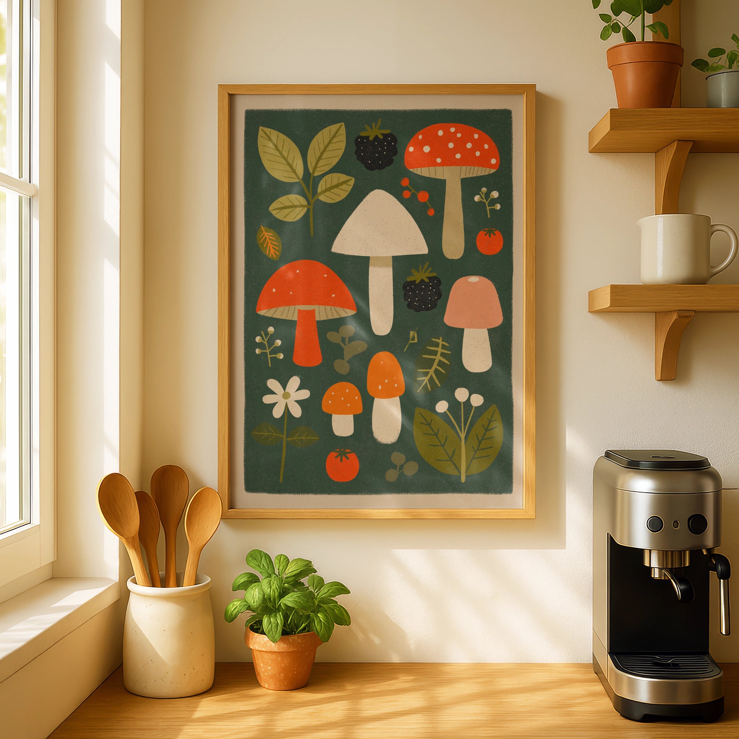 Retro Mushroom Print - Vintage Food Poster Print | Rustic Kitchen Decor | Retro Mid Century Risograph Mushroom Art