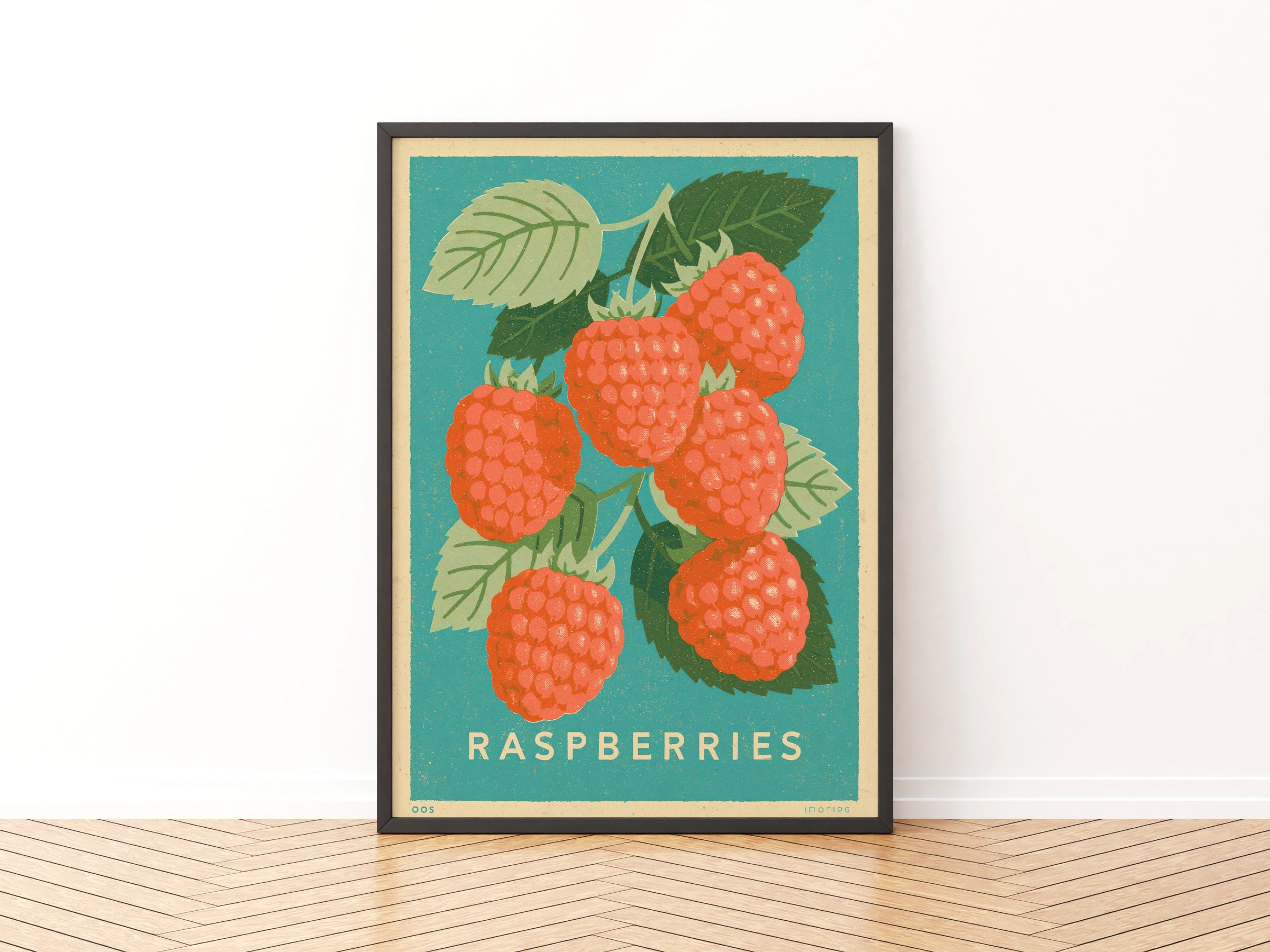 Raspberry Vintage Food Poster Print | Rustic Kitchen Decor | Retro Mid Century Risograph Art