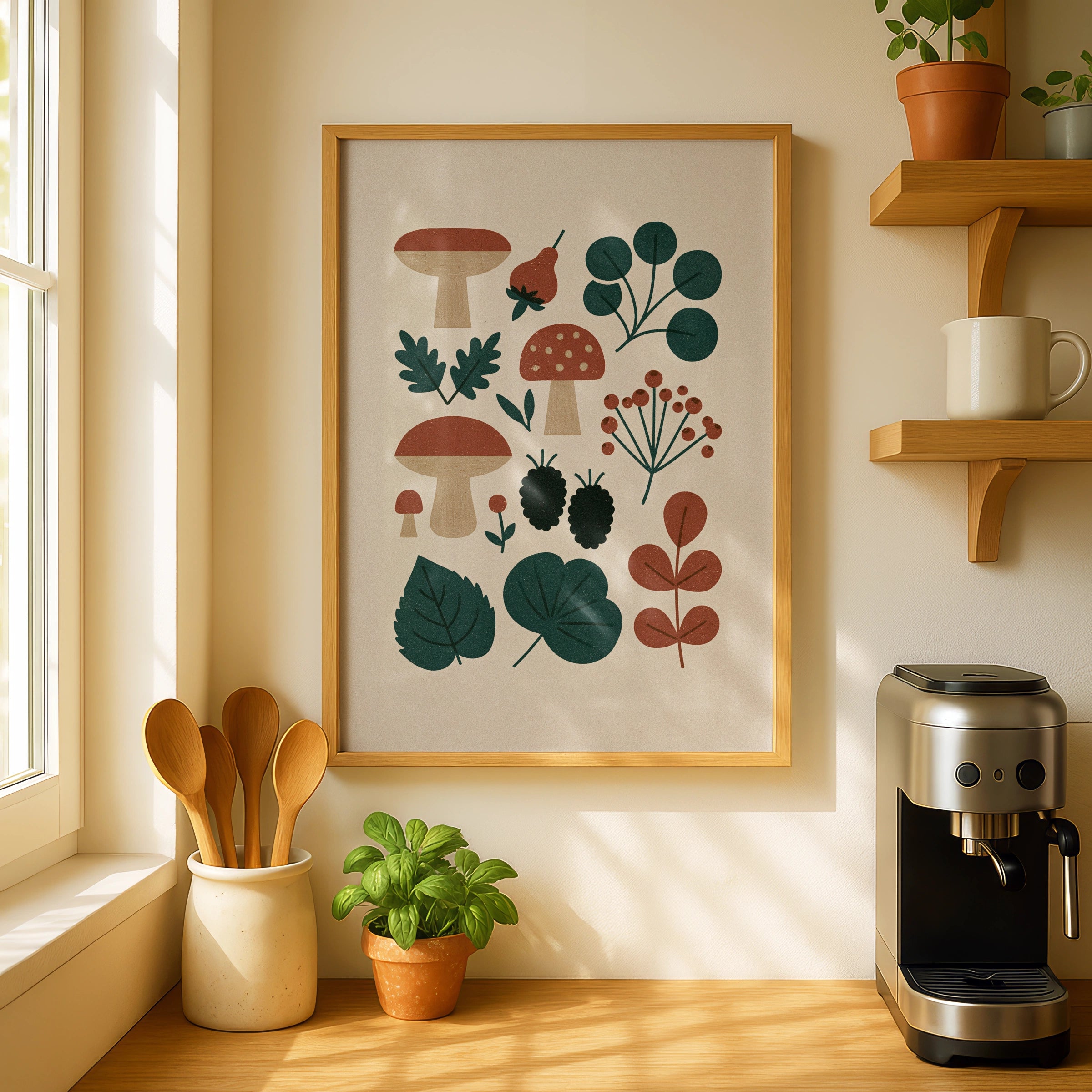 Vintage Food Poster Print | Rustic Kitchen Decor | Retro Mid Century Risograph Art Print - Fungi Mushroom Collection Wall Decor
