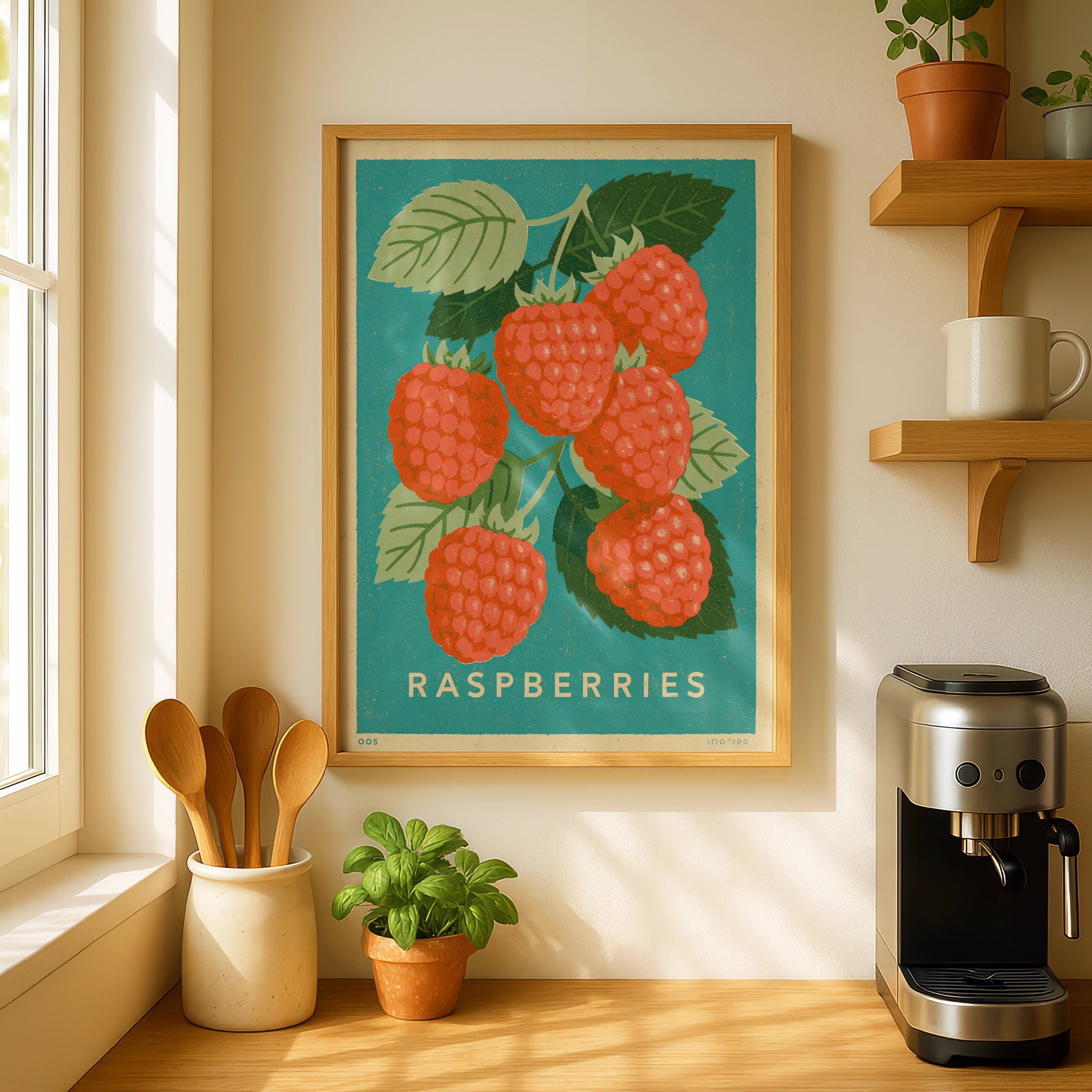 Raspberry Vintage Food Poster Print | Rustic Kitchen Decor | Retro Mid Century Risograph Art