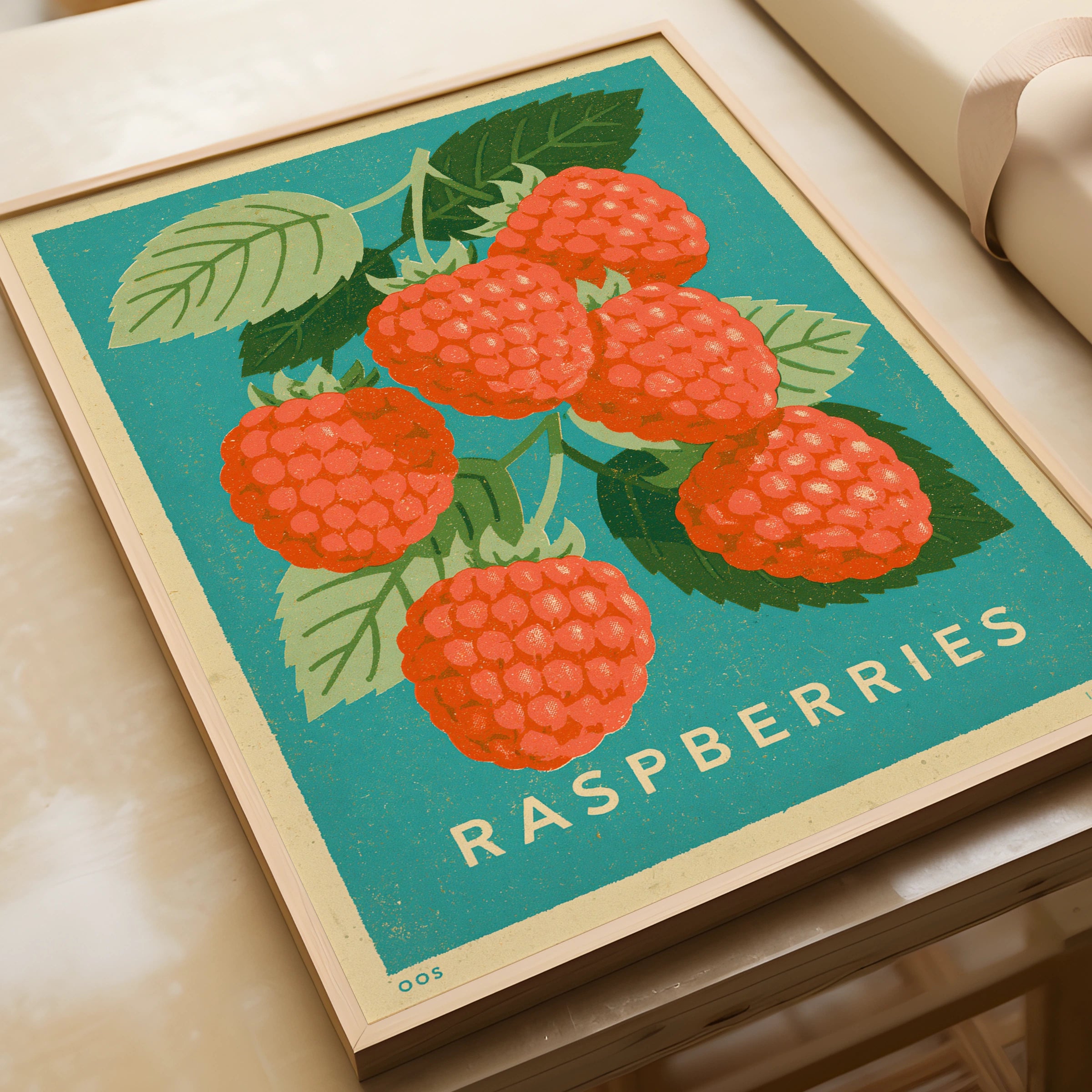Raspberry Vintage Food Poster Print | Rustic Kitchen Decor | Retro Mid Century Risograph Art