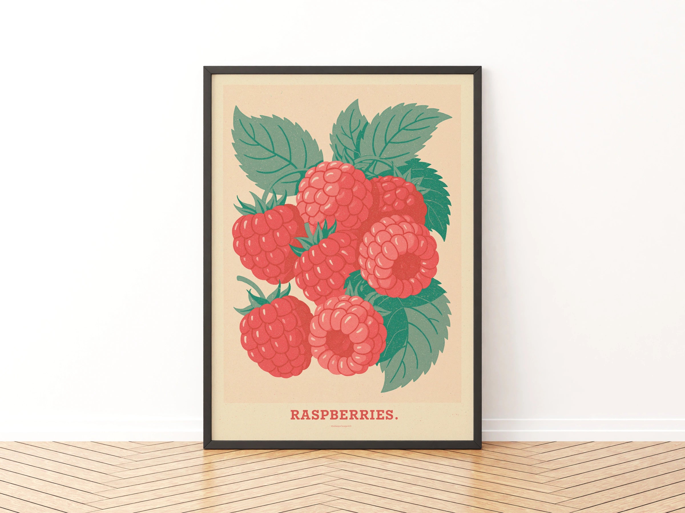 Vintage Food Poster Print | Rustic Fruit Kitchen Decor | Retro Mid Century Risograph Raspberries Art