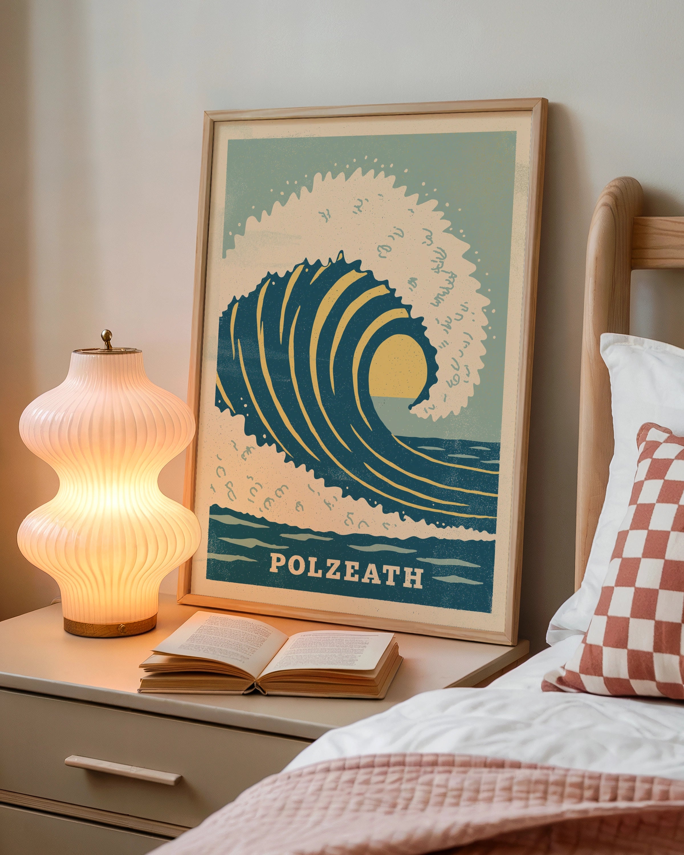 Polzeath Wave Art Print, Retro Cornish Coastal Decor, Vintage Beach Poster, Ocean Wall Art, Summer Vibes