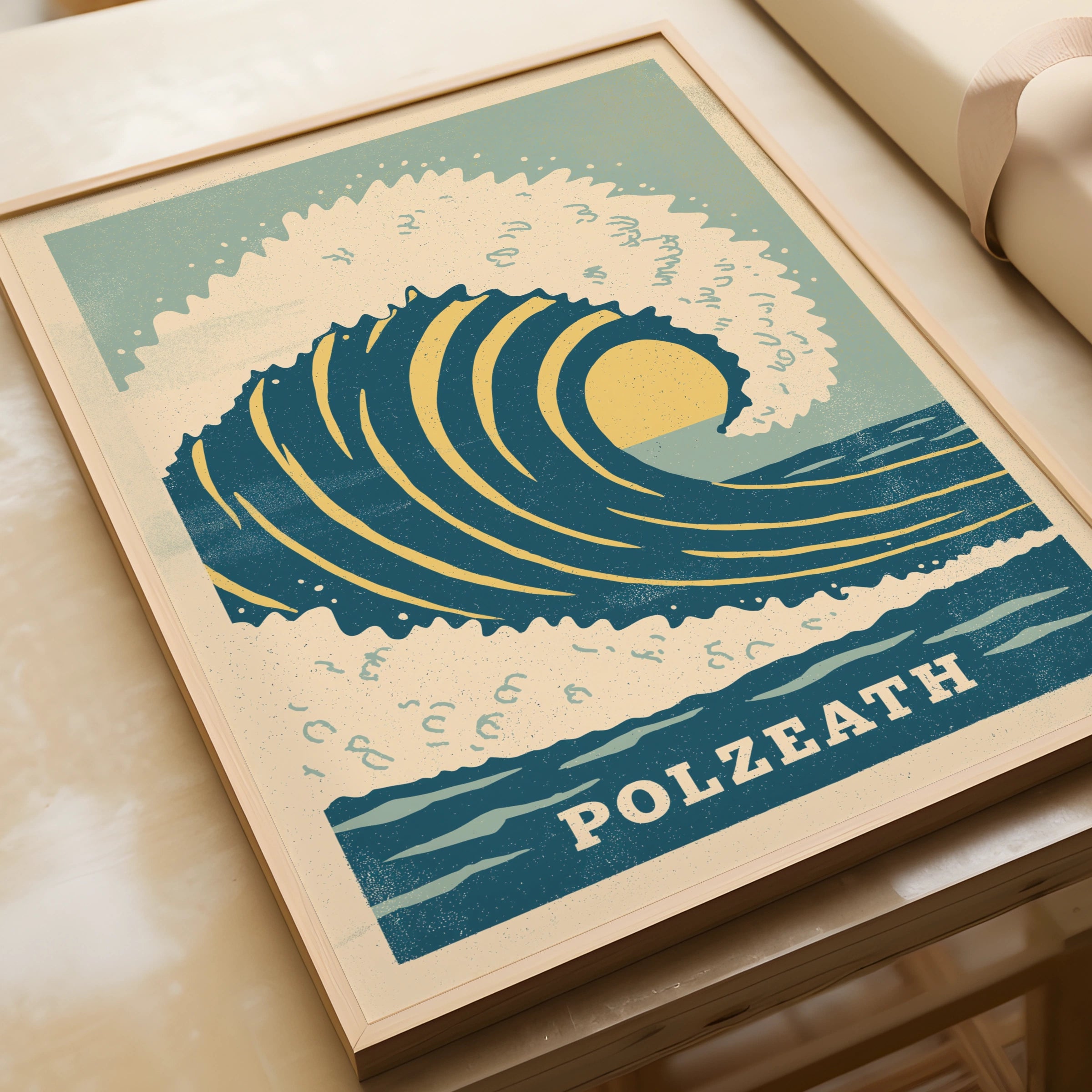 Polzeath Wave Art Print, Retro Cornish Coastal Decor, Vintage Beach Poster, Ocean Wall Art, Summer Vibes