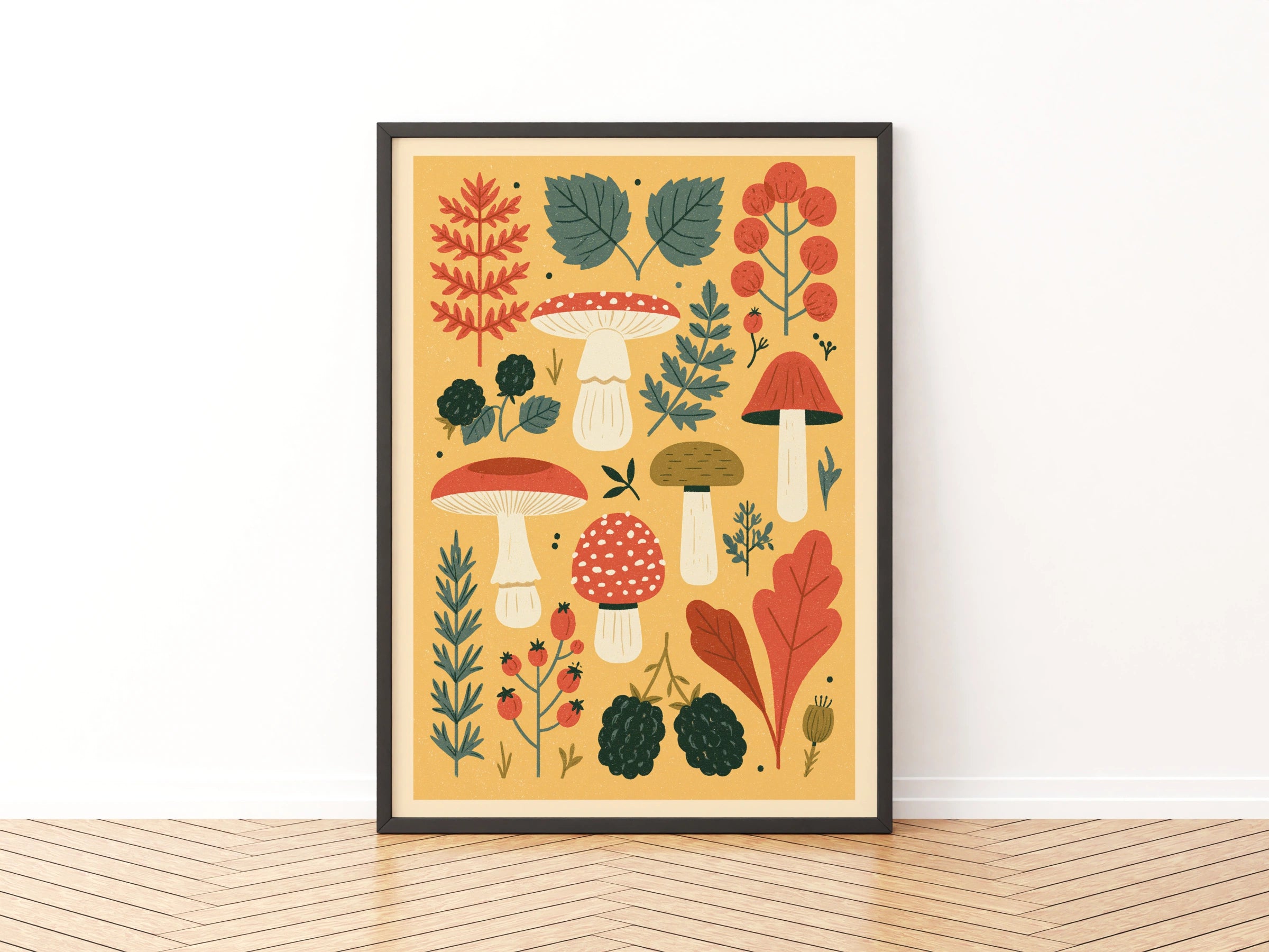 Vintage Food Poster Print | Rustic Kitchen Decor | Retro Mid Century Risograph Mushroom Art