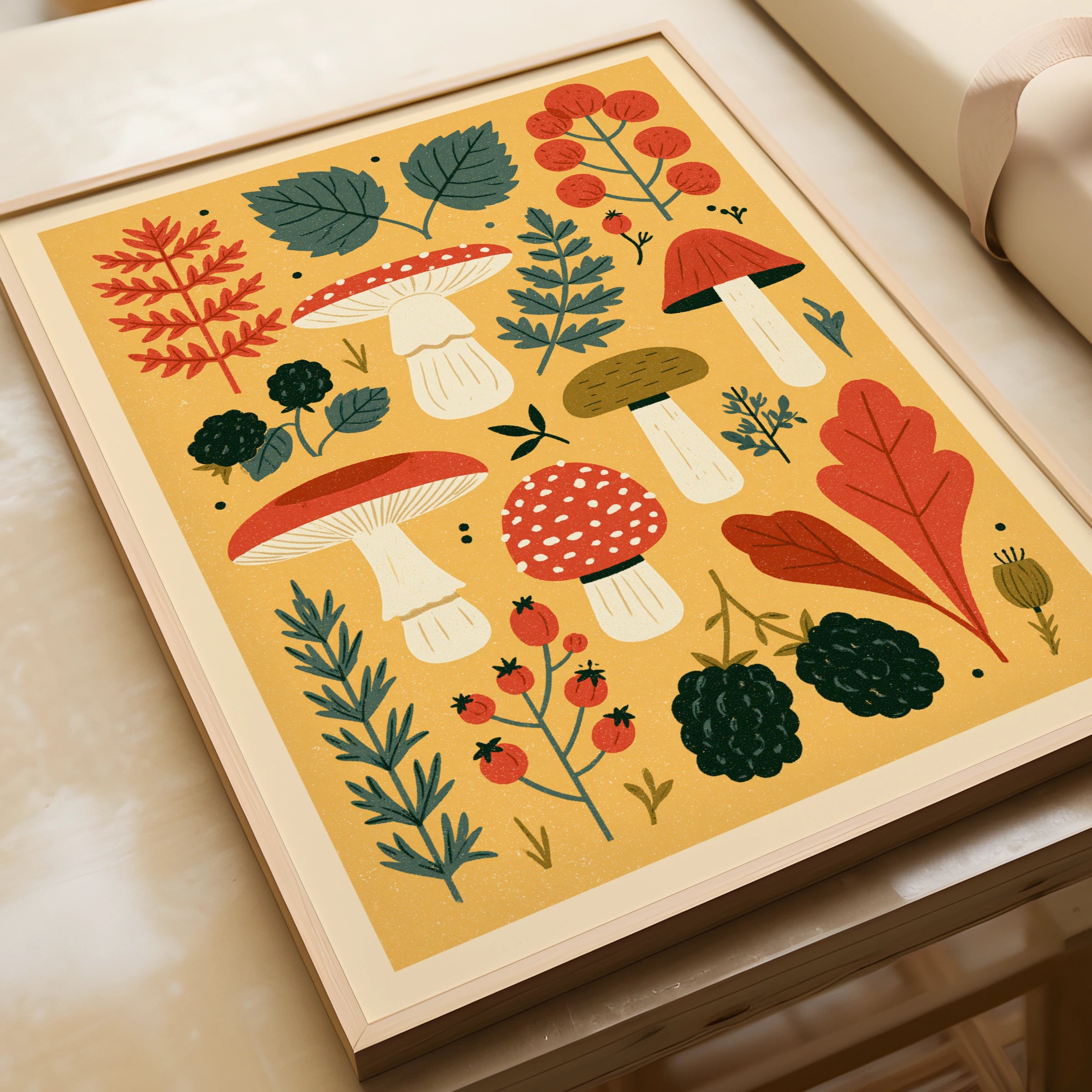 Vintage Food Poster Print | Rustic Kitchen Decor | Retro Mid Century Risograph Mushroom Art