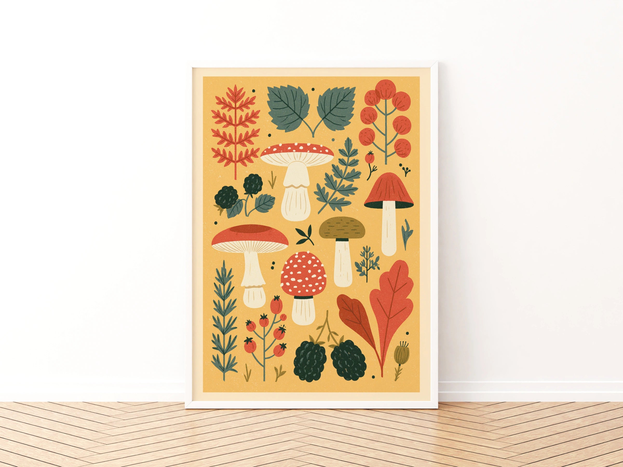 Vintage Food Poster Print | Rustic Kitchen Decor | Retro Mid Century Risograph Mushroom Art