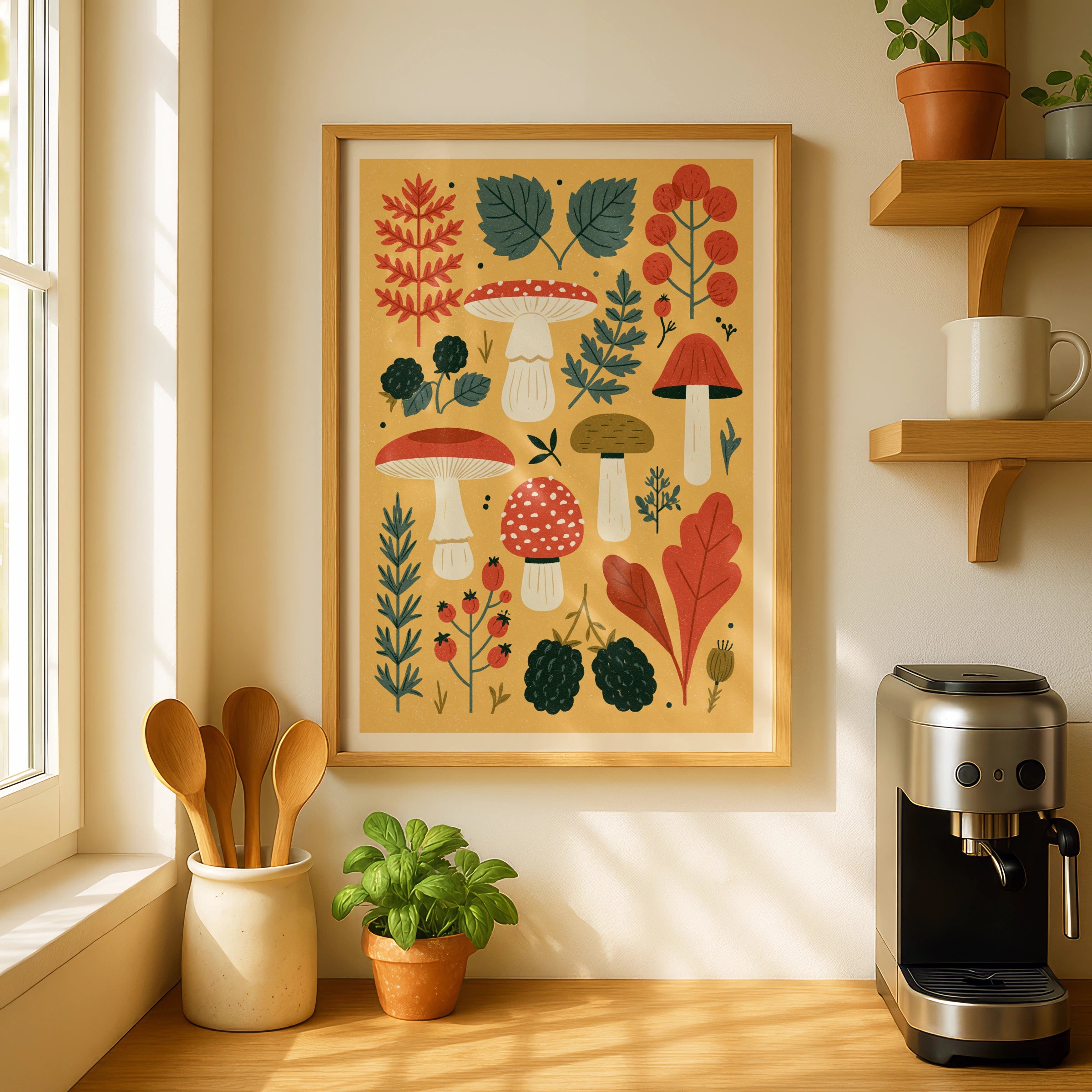 Vintage Food Poster Print | Rustic Kitchen Decor | Retro Mid Century Risograph Mushroom Art