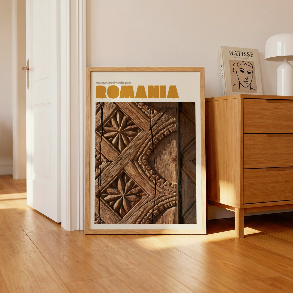 Romania Travel Poster, Contemporary Maramures Wooden Gate Print, Eastern Europe Wall Art