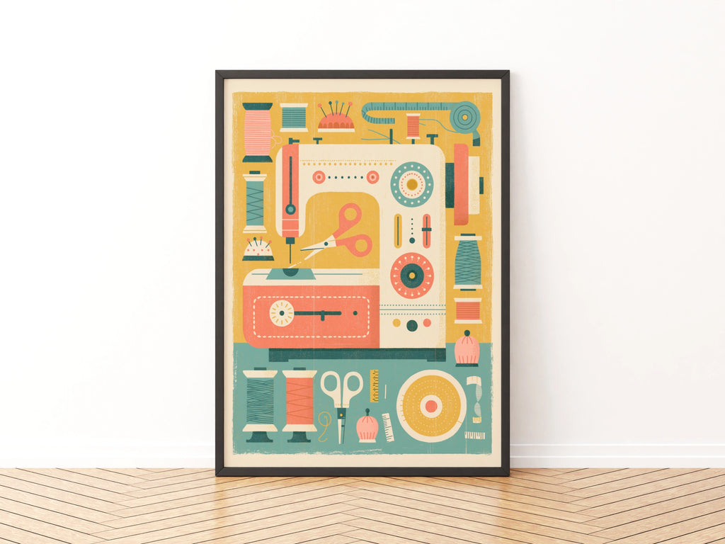 Retro Sewing Machine Print, Craft Room Wall Art, Sewing Gift Poster, Vintage Sewing Print