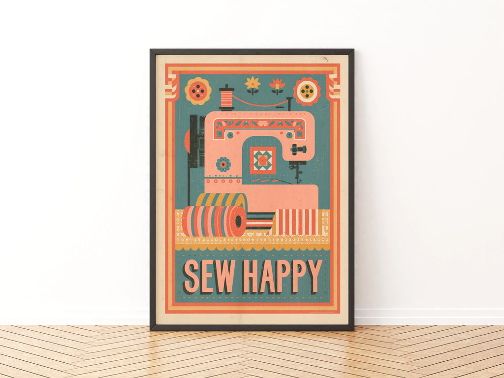 Sew Happy Retro Sewing Print, Craft Room Wall Art, Sewing Machine Poster Gift