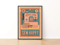 Sew Happy Retro Sewing Print, Craft Room Wall Art, Sewing Machine Poster Gift