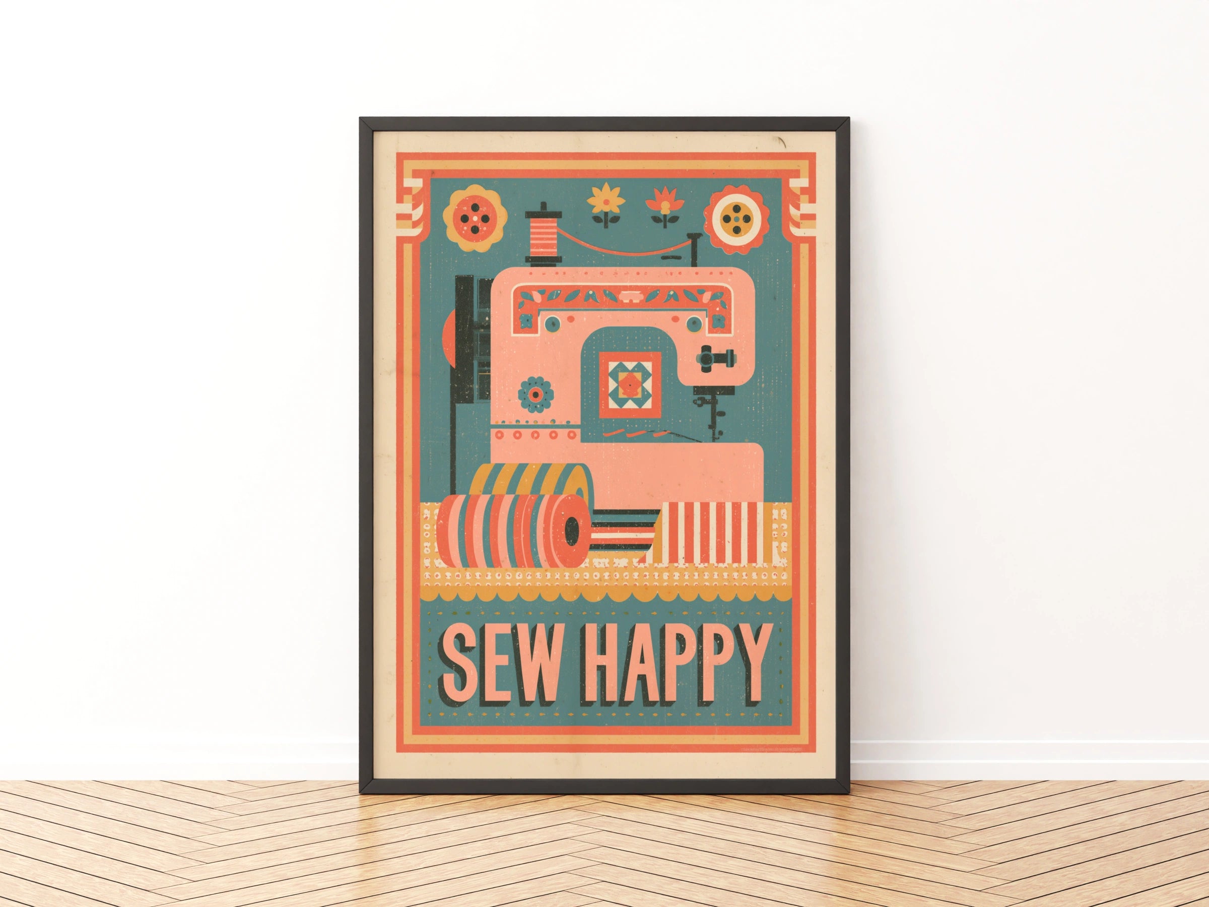 Sew Happy Retro Sewing Print, Craft Room Wall Art, Sewing Machine Poster Gift