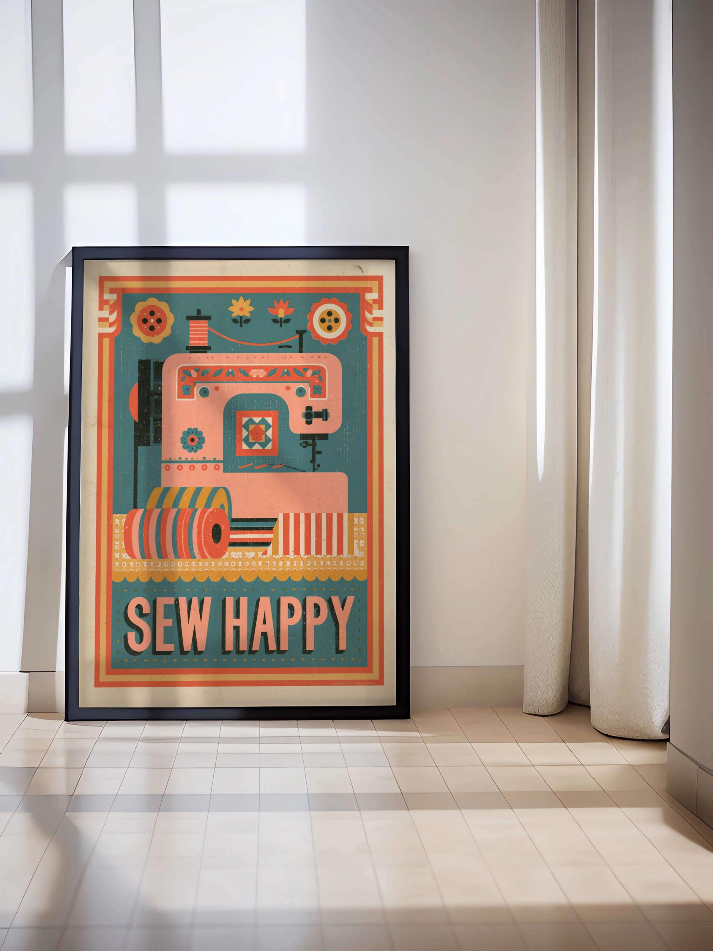 Sew Happy Retro Sewing Print, Craft Room Wall Art, Sewing Machine Poster Gift