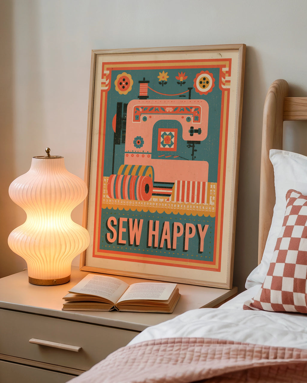 Sew Happy Retro Sewing Print, Craft Room Wall Art, Sewing Machine Poster Gift
