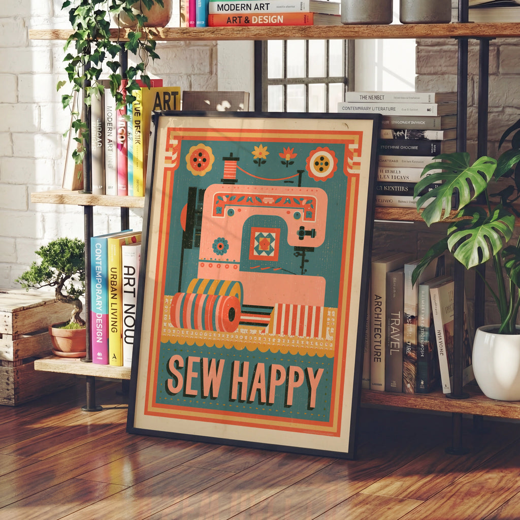 Sew Happy Retro Sewing Print, Craft Room Wall Art, Sewing Machine Poster Gift