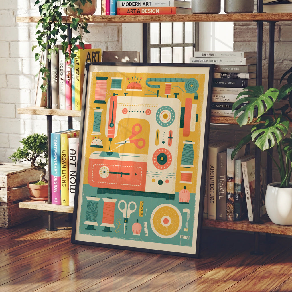 Retro Sewing Machine Print, Craft Room Wall Art, Sewing Gift Poster, Vintage Sewing Print