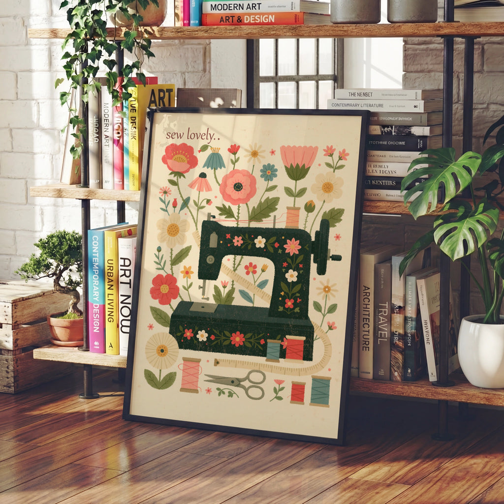 Retro Sewing Machine Print, Floral Craft Room Wall Art, Sew Lovely Sewing Gift Poster