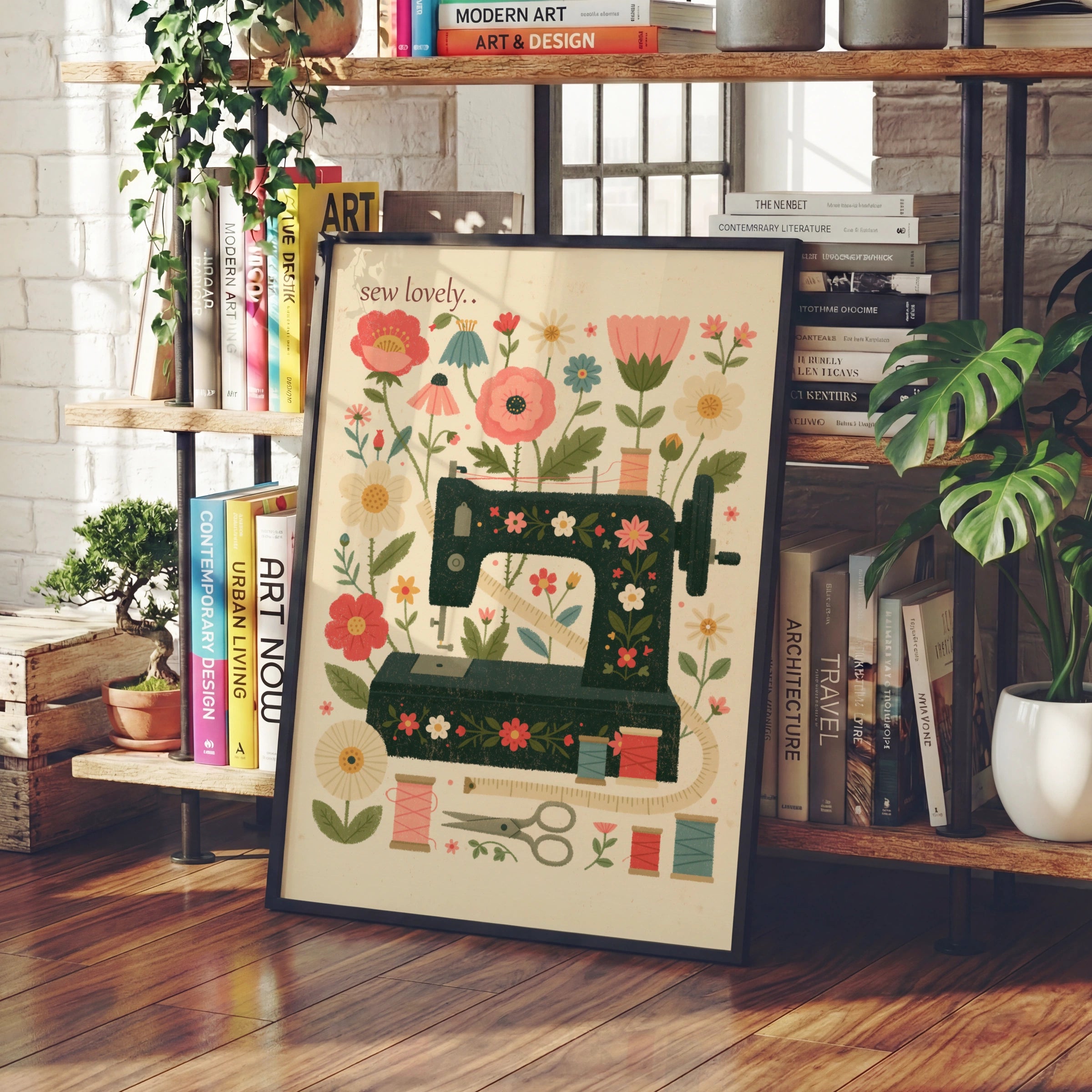 Retro Sewing Machine Print, Floral Craft Room Wall Art, Sew Lovely Sewing Gift Poster