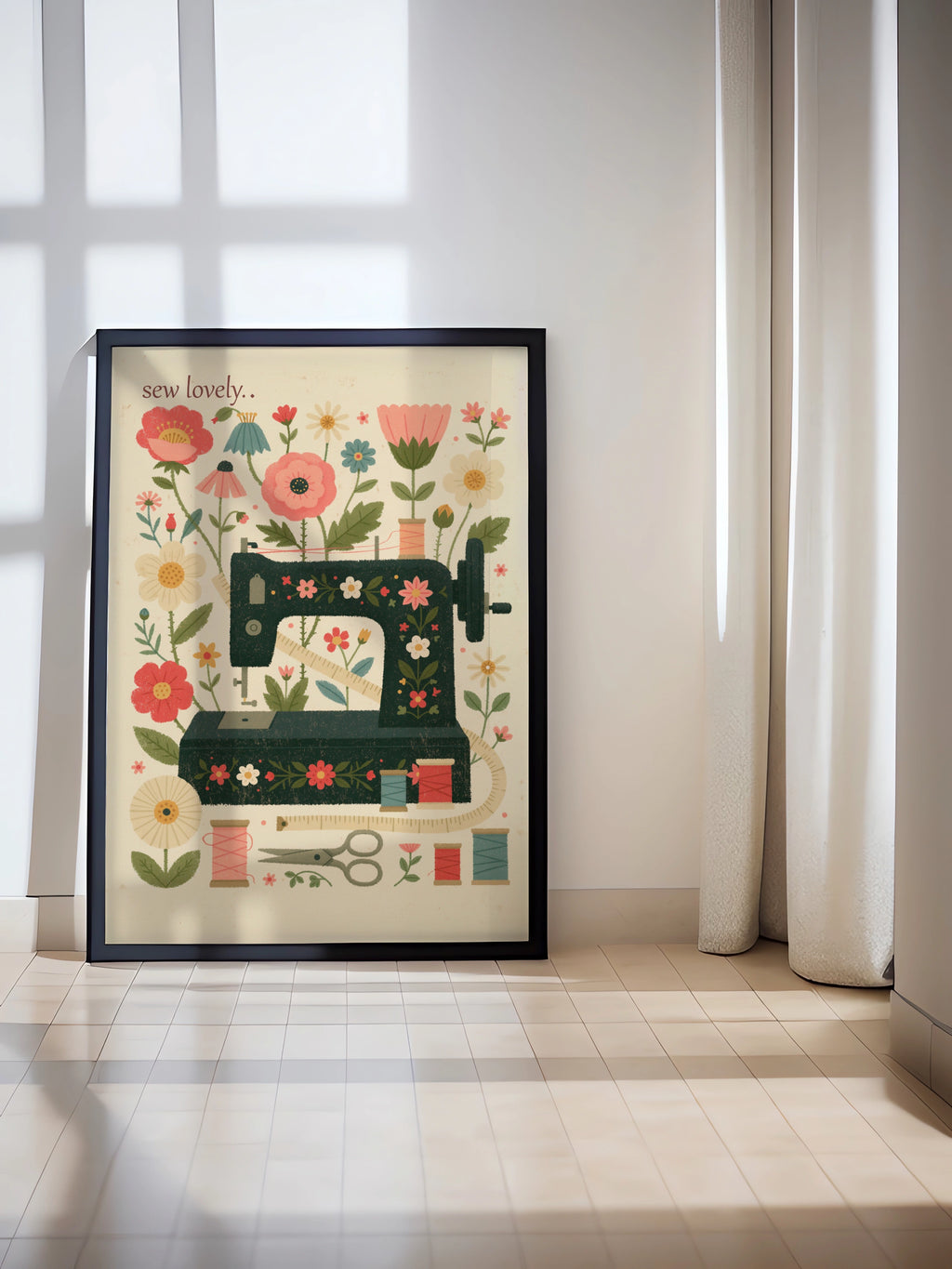 Retro Sewing Machine Print, Floral Craft Room Wall Art, Sew Lovely Sewing Gift Poster