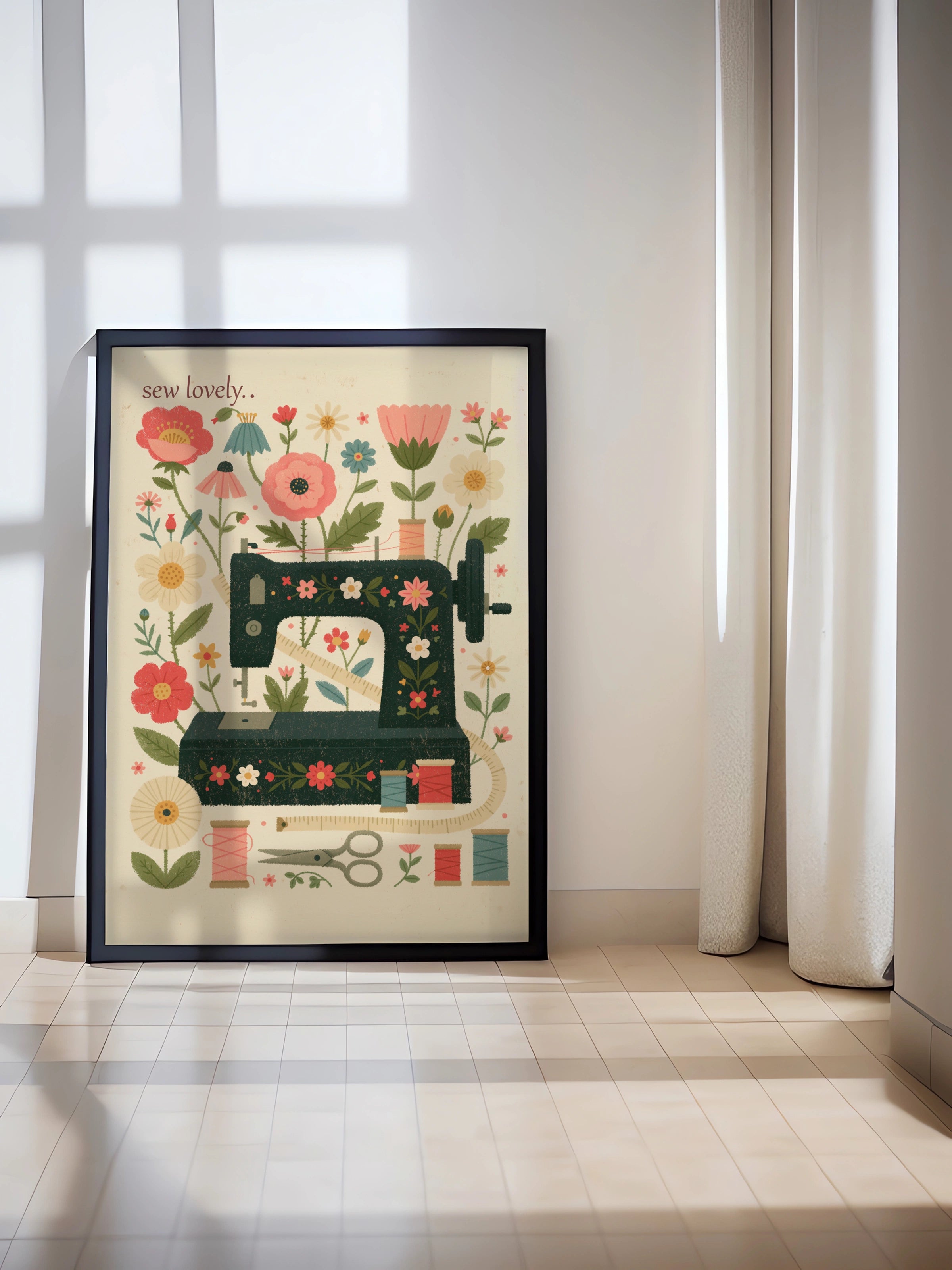 Retro Sewing Machine Print, Floral Craft Room Wall Art, Sew Lovely Sewing Gift Poster