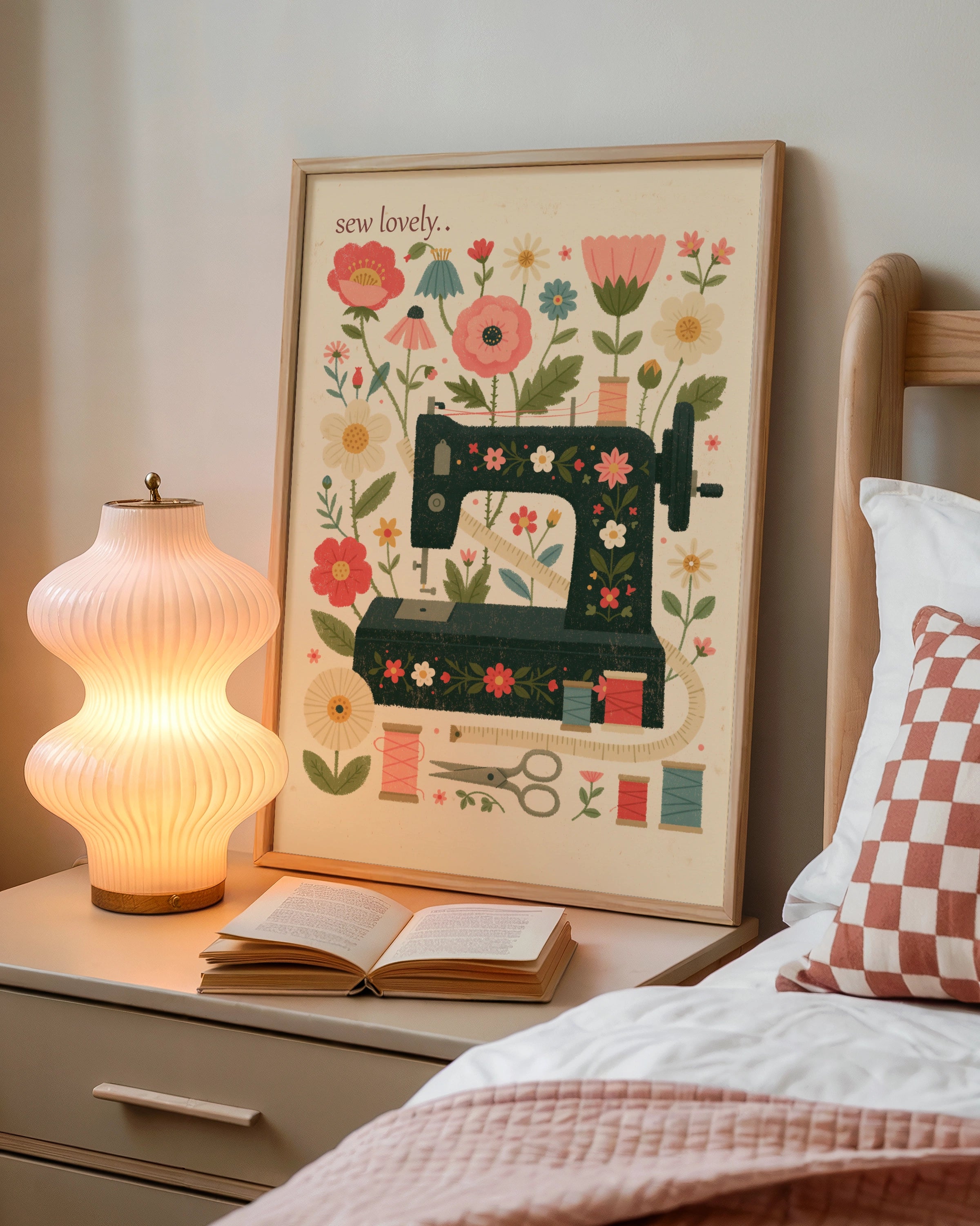 Retro Sewing Machine Print, Floral Craft Room Wall Art, Sew Lovely Sewing Gift Poster