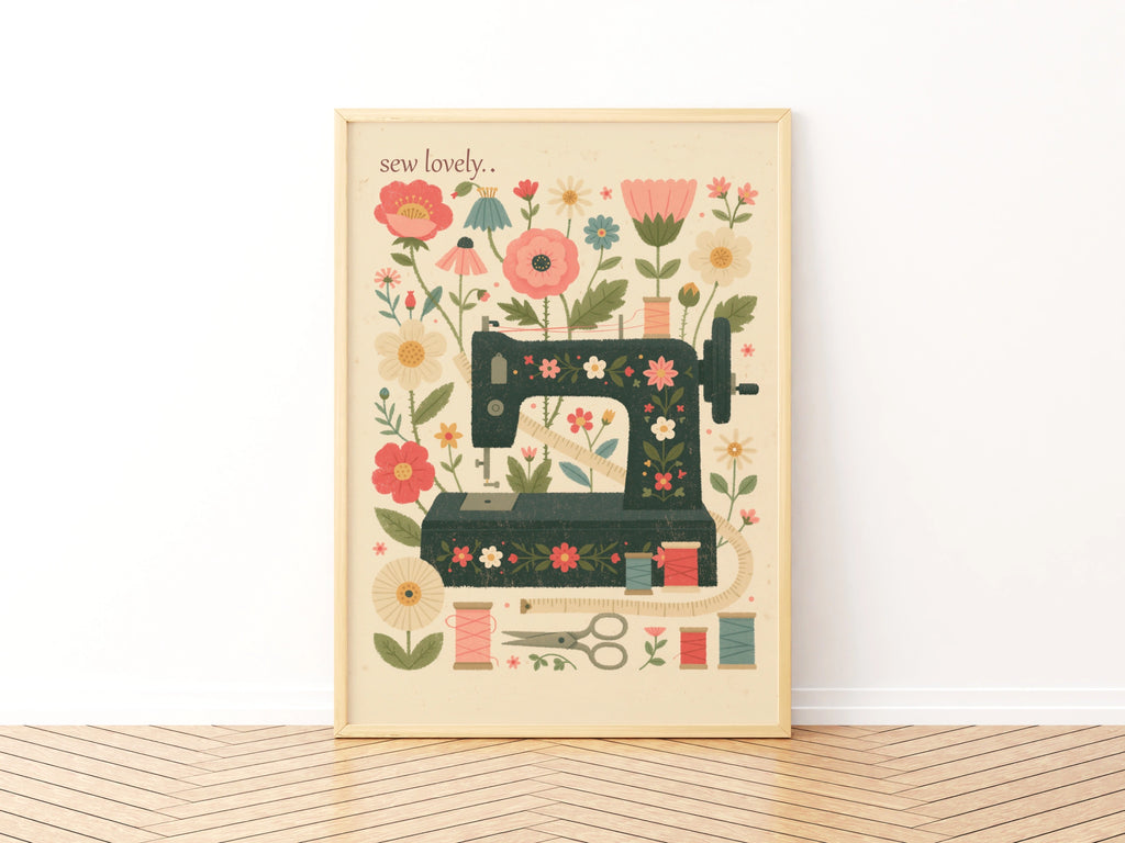 Retro Sewing Machine Print, Floral Craft Room Wall Art, Sew Lovely Sewing Gift Poster