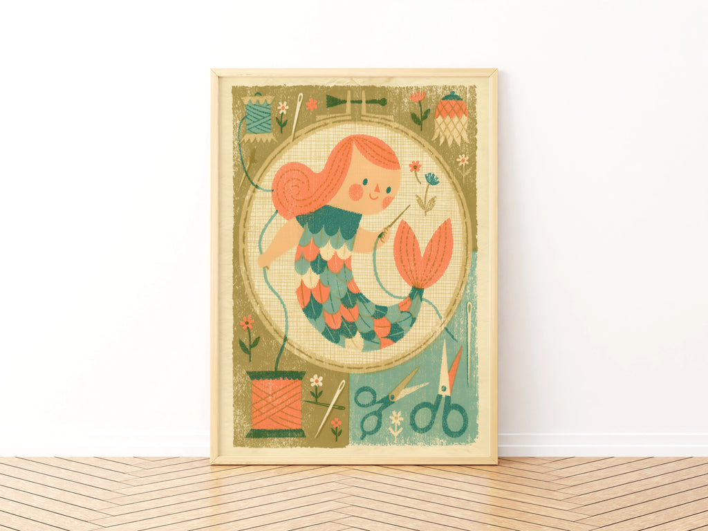 Retro Mermaid Sewing Print, Craft Room Wall Art, Embroidery Hoop Poster, 1950s Style