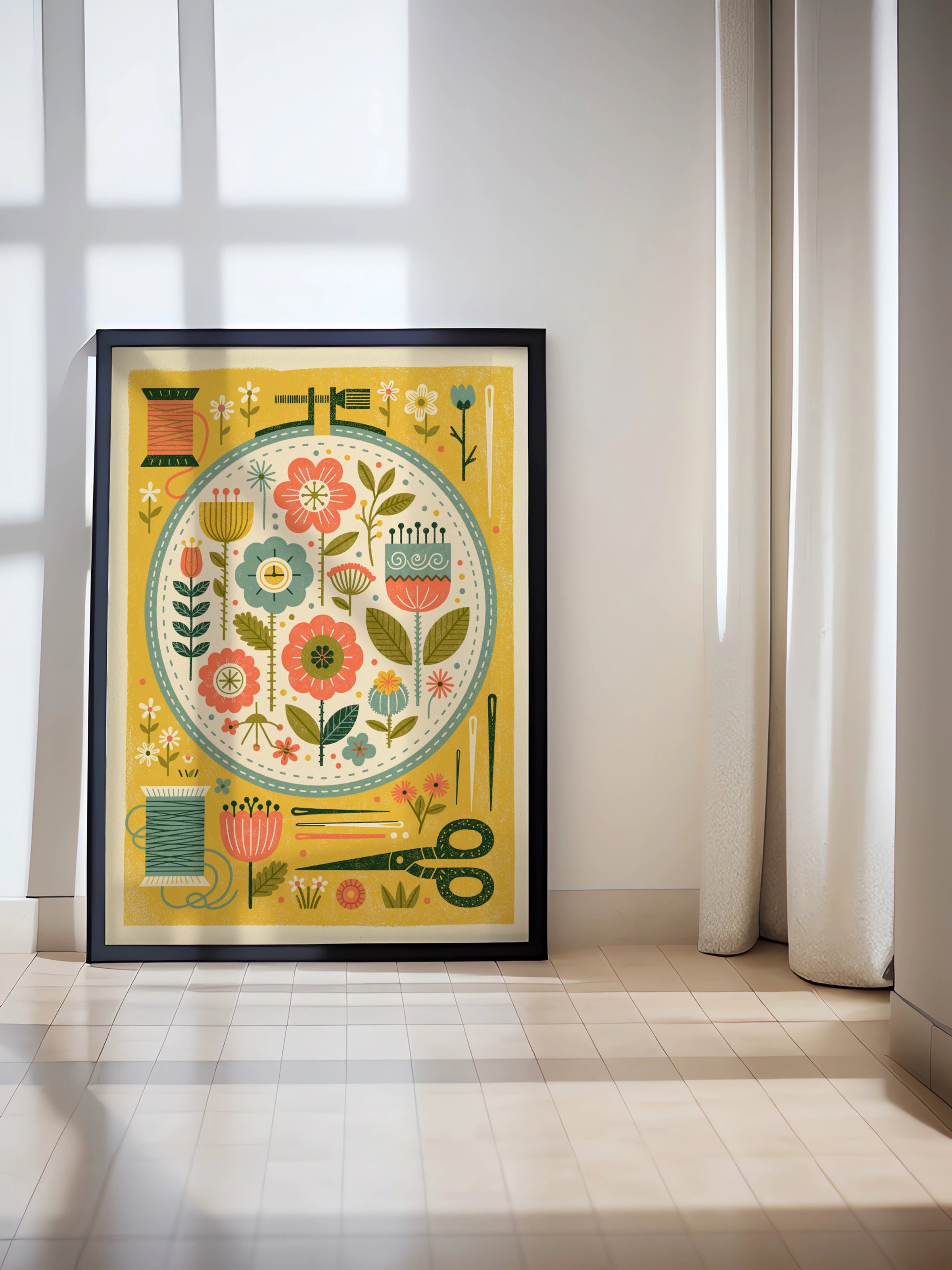Embroidery Hoop Floral Sewing Print, Retro Craft Room Wall Art, Folk Flower Poster