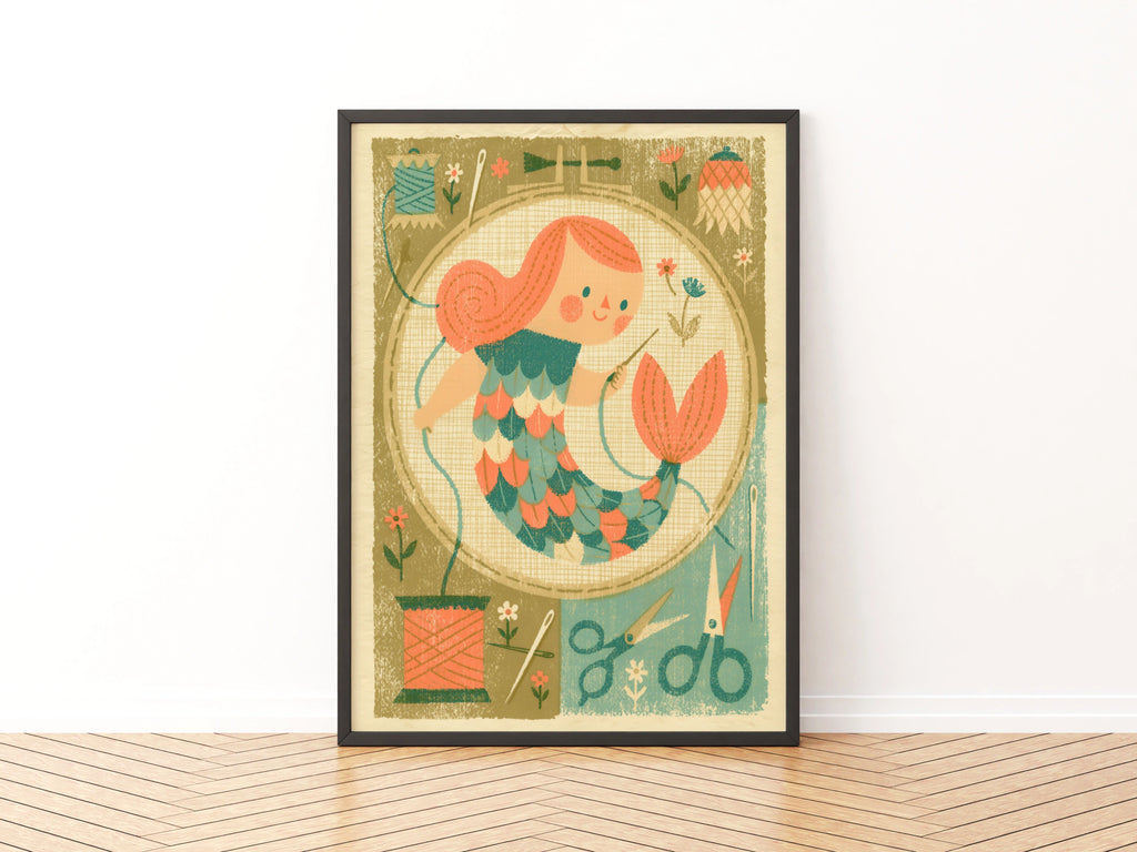 Retro Mermaid Sewing Print, Craft Room Wall Art, Embroidery Hoop Poster, 1950s Style