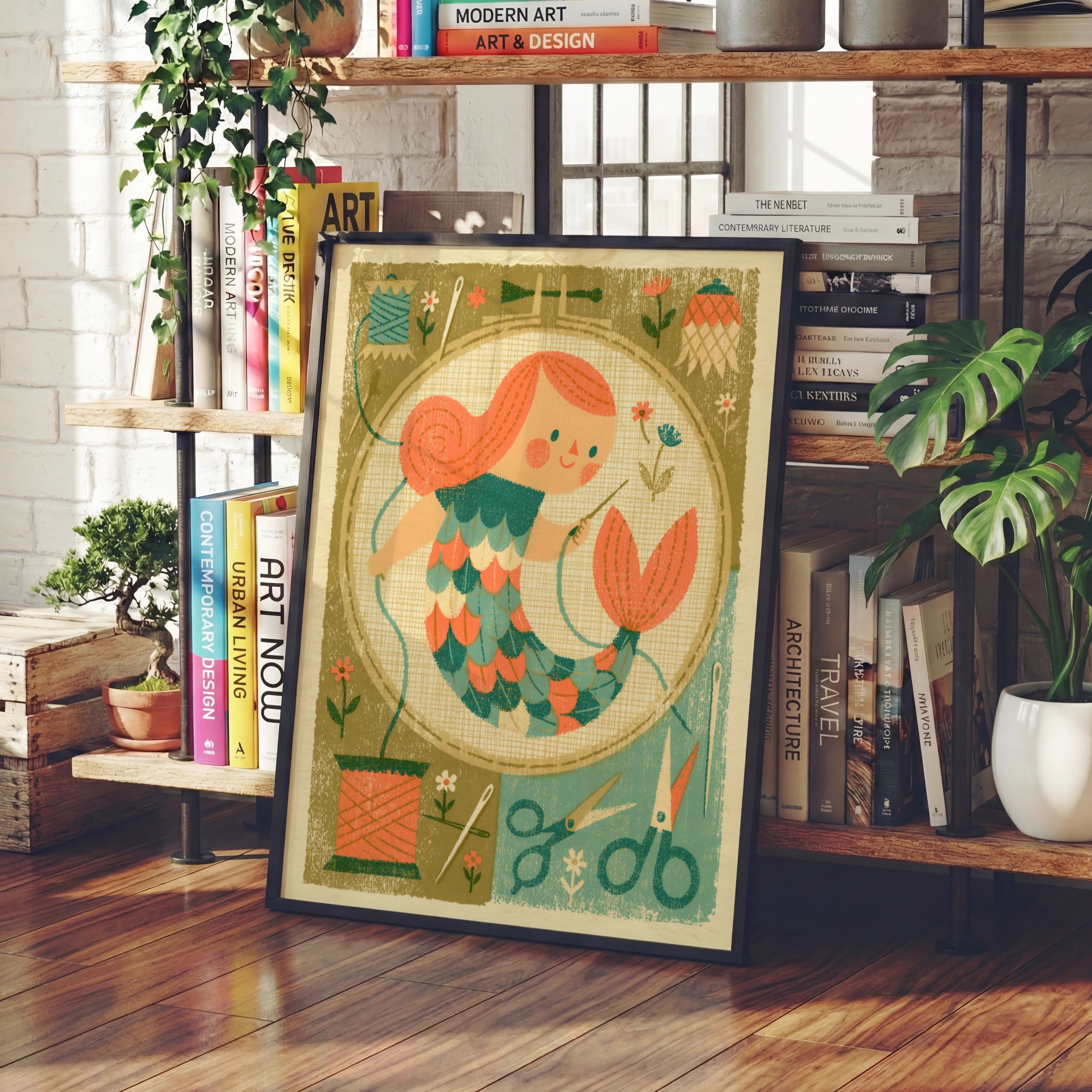 Retro Mermaid Sewing Print, Craft Room Wall Art, Embroidery Hoop Poster, 1950s Style
