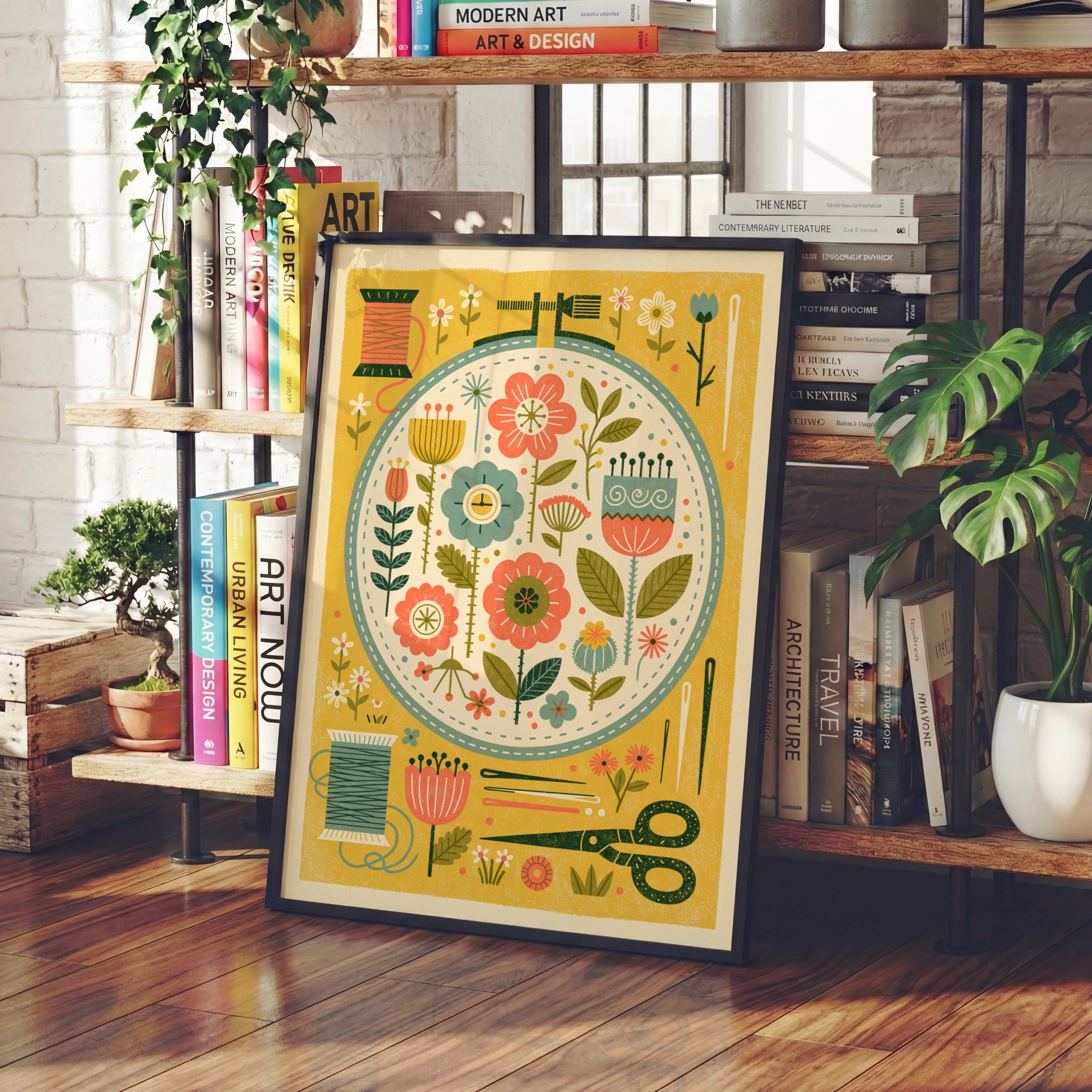 Embroidery Hoop Floral Sewing Print, Retro Craft Room Wall Art, Folk Flower Poster