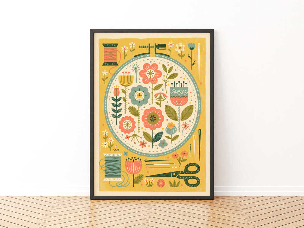 Embroidery Hoop Floral Sewing Print, Retro Craft Room Wall Art, Folk Flower Poster